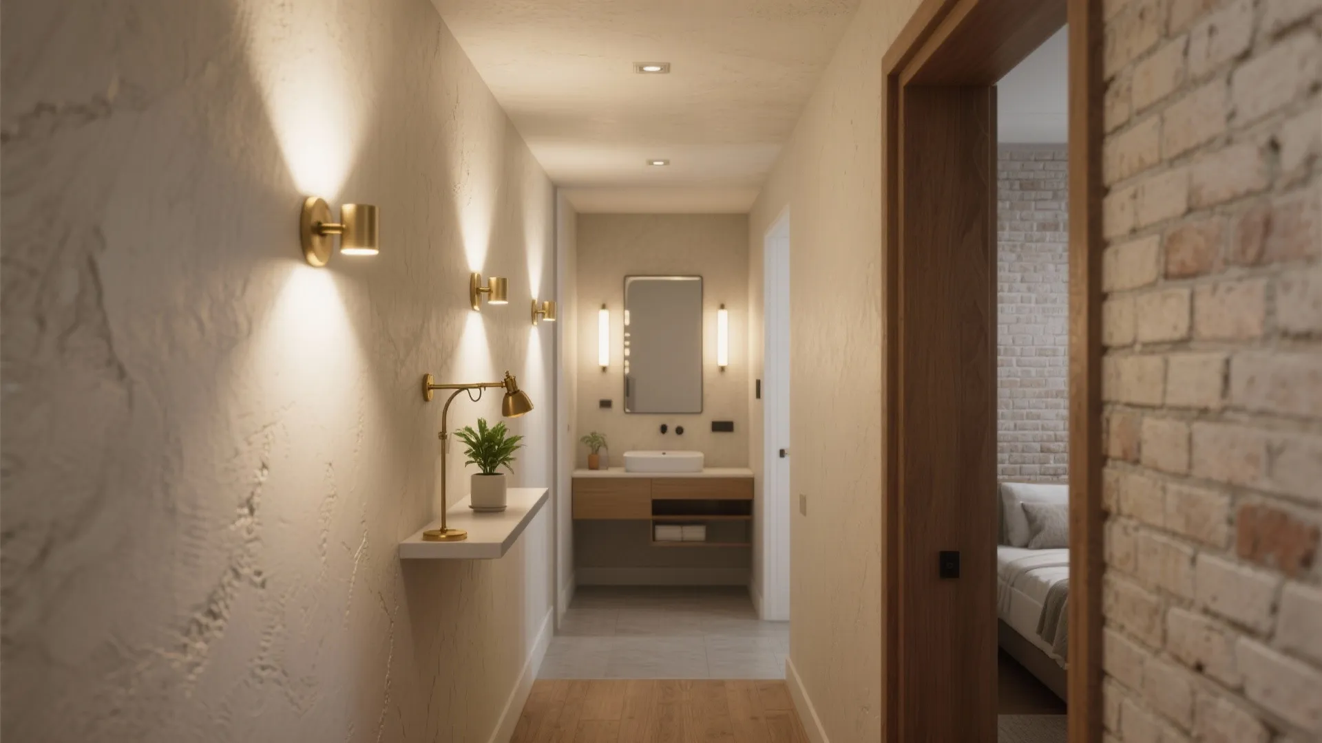 Narrow hallway with gold wall lights a small shelf and plant leading to a bathroom