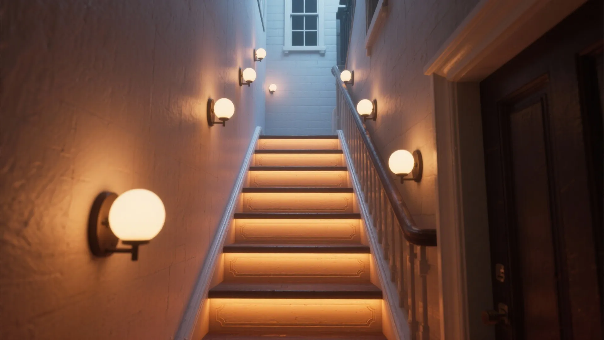 Townhouse staircase illuminated by small puck battery sconces spaced along the wall.