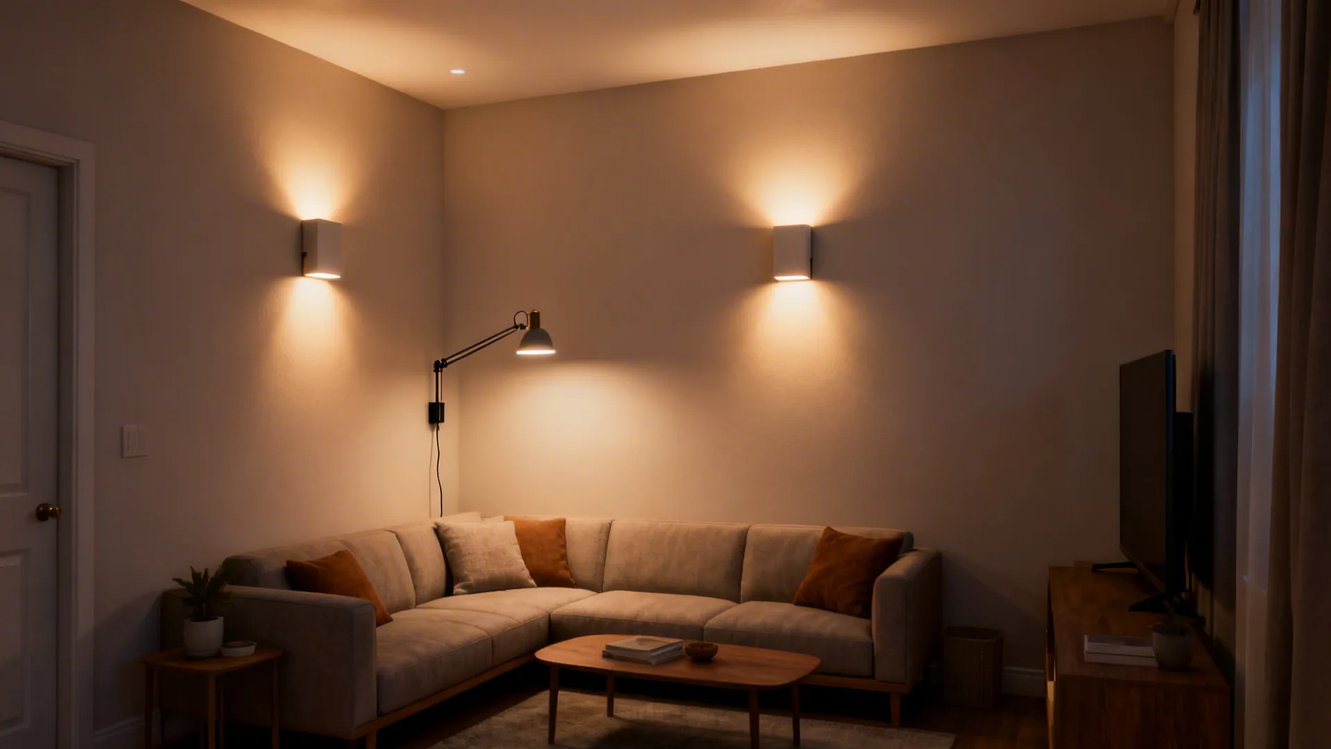 Living room with grey corner sofa wooden coffee table and two square warm wall lights