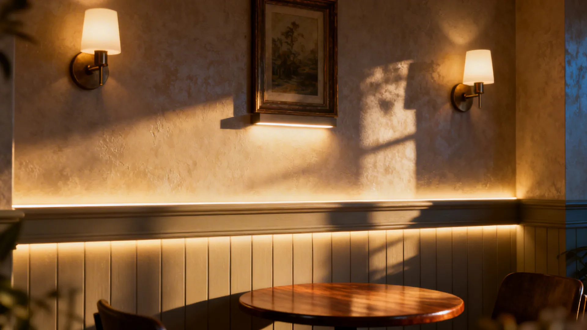 Dining nook with wall sconces and picture-rail uplighting creating layered vertical illumination.