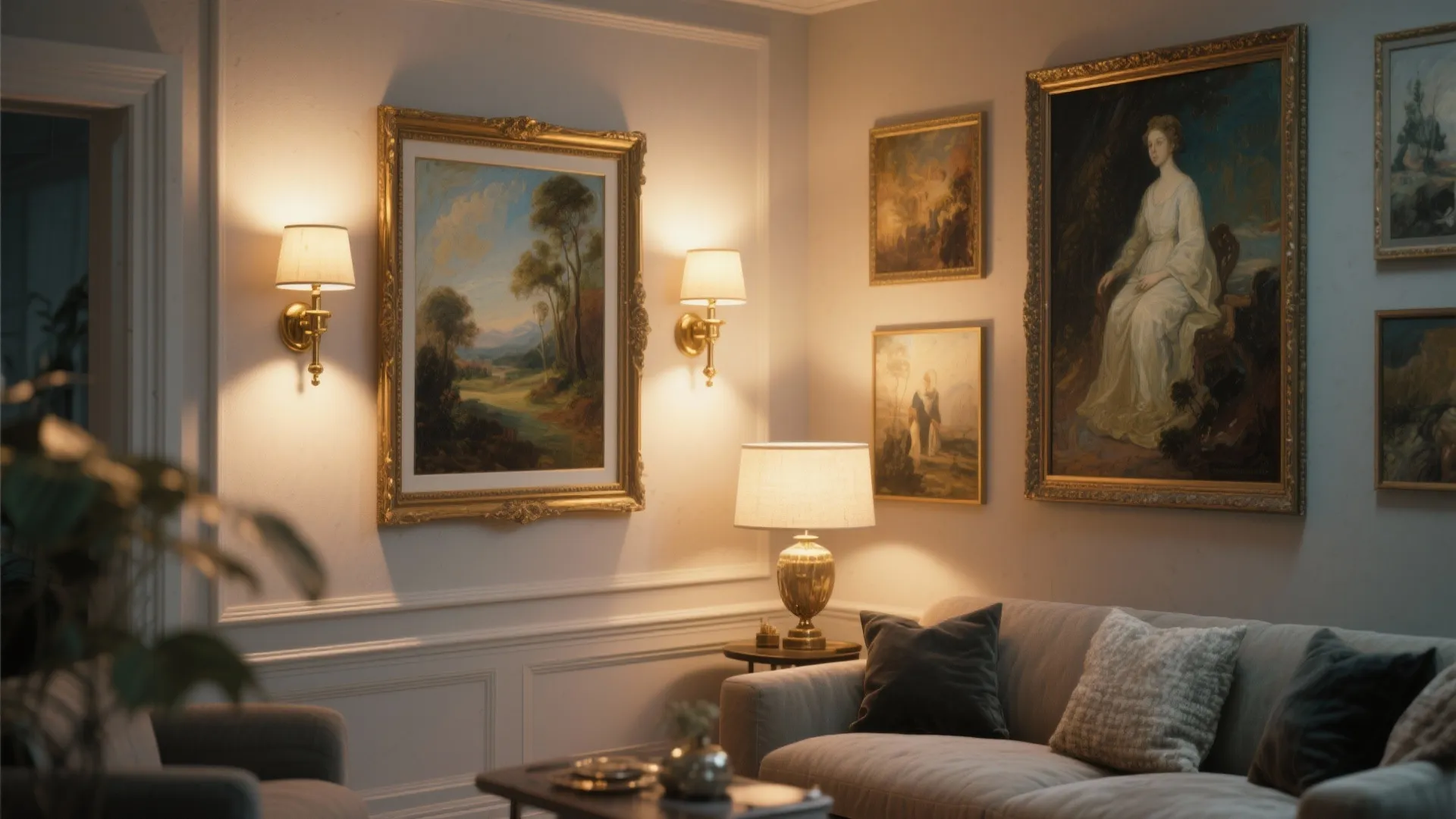 Brass sconces lighting framed art on a wall