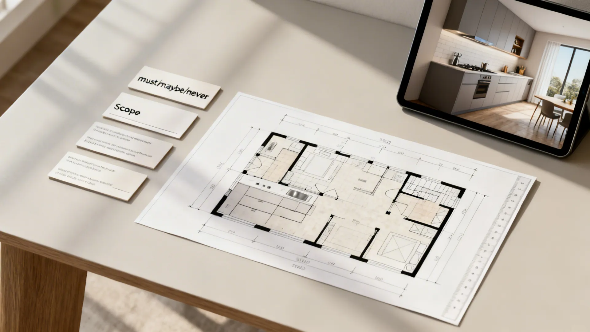 Organized top-down desk scene with a measured plan, scope cards, and one tablet render.