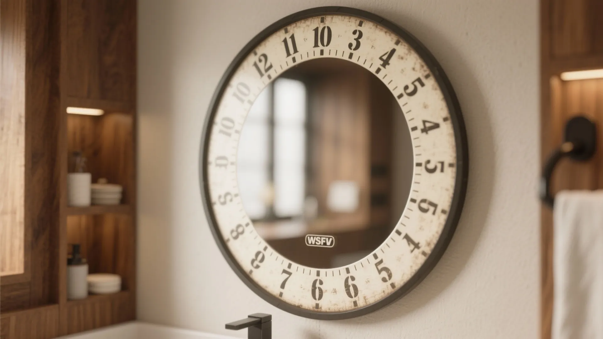 Round bathroom mirror with scoreboard number design hanging on a wall next to wooden shelves