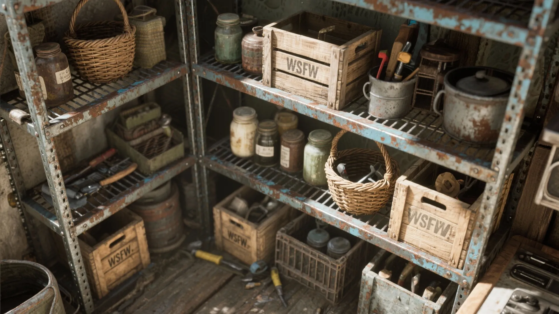 Rusty metal shelves holding wooden crates glass jars baskets and various small hand tools kitchen