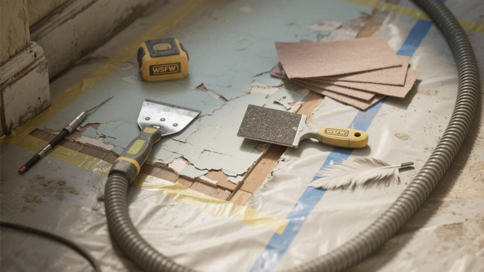 Floor renovation tools including yellow tape measure metal scraper and sand paper on old flooring