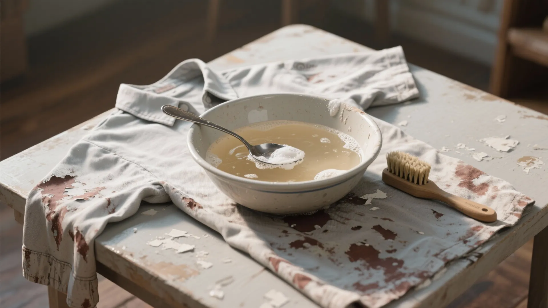 Stained white shirt on wooden table with soapy water bowl and cleaning brush for stain removal