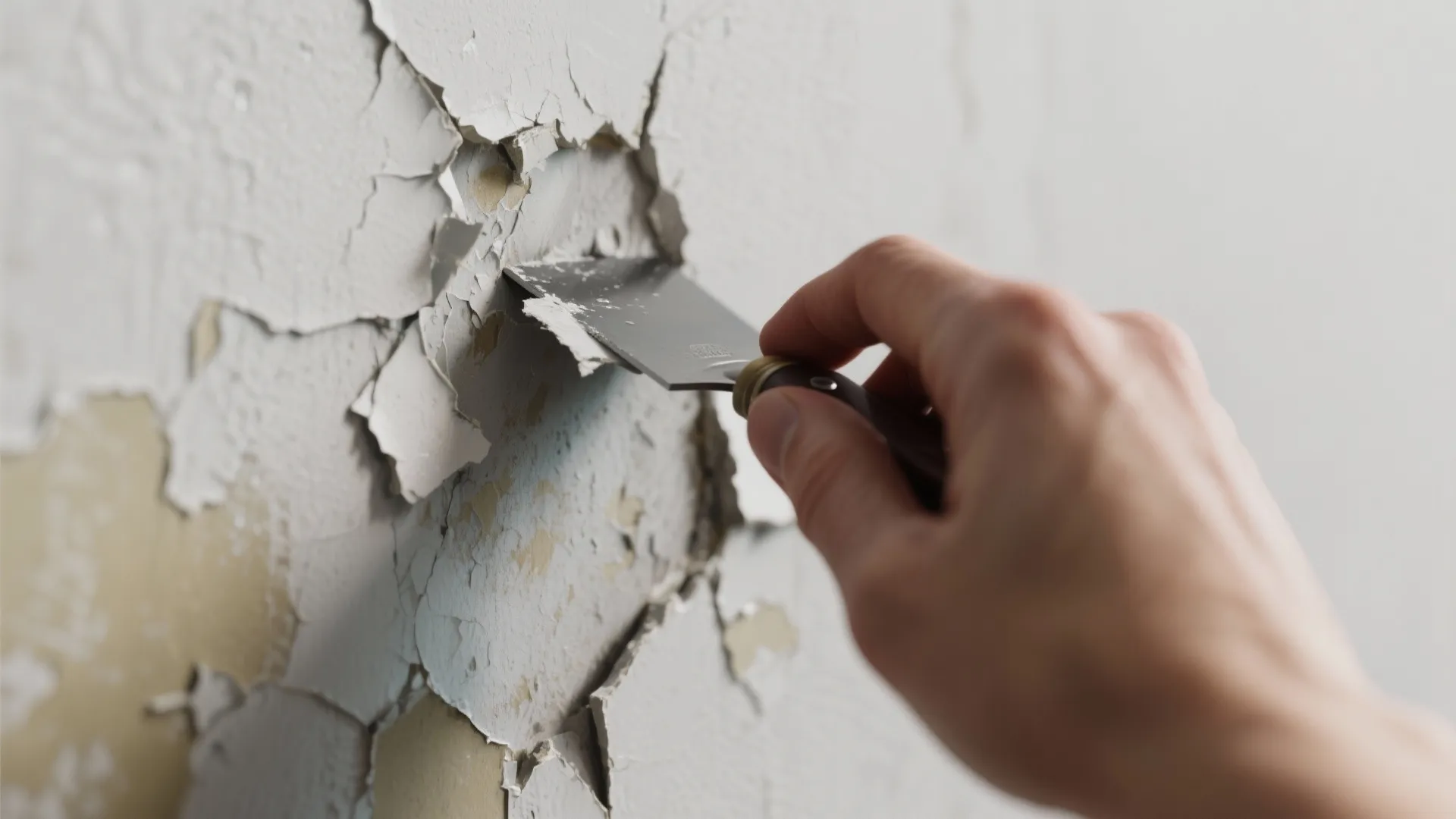 A person using a small metal tool to scrape away old peeling paint from wall