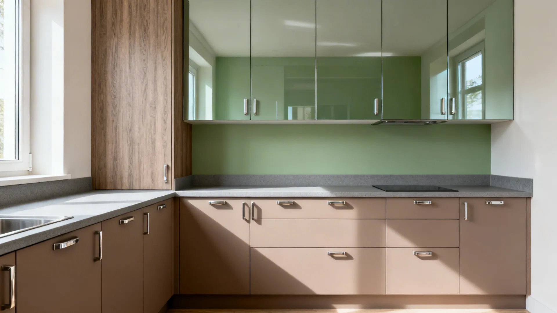 Modern kitchen with green glass wall cabinets brown base drawers grey countertop and natural sunlight shadows