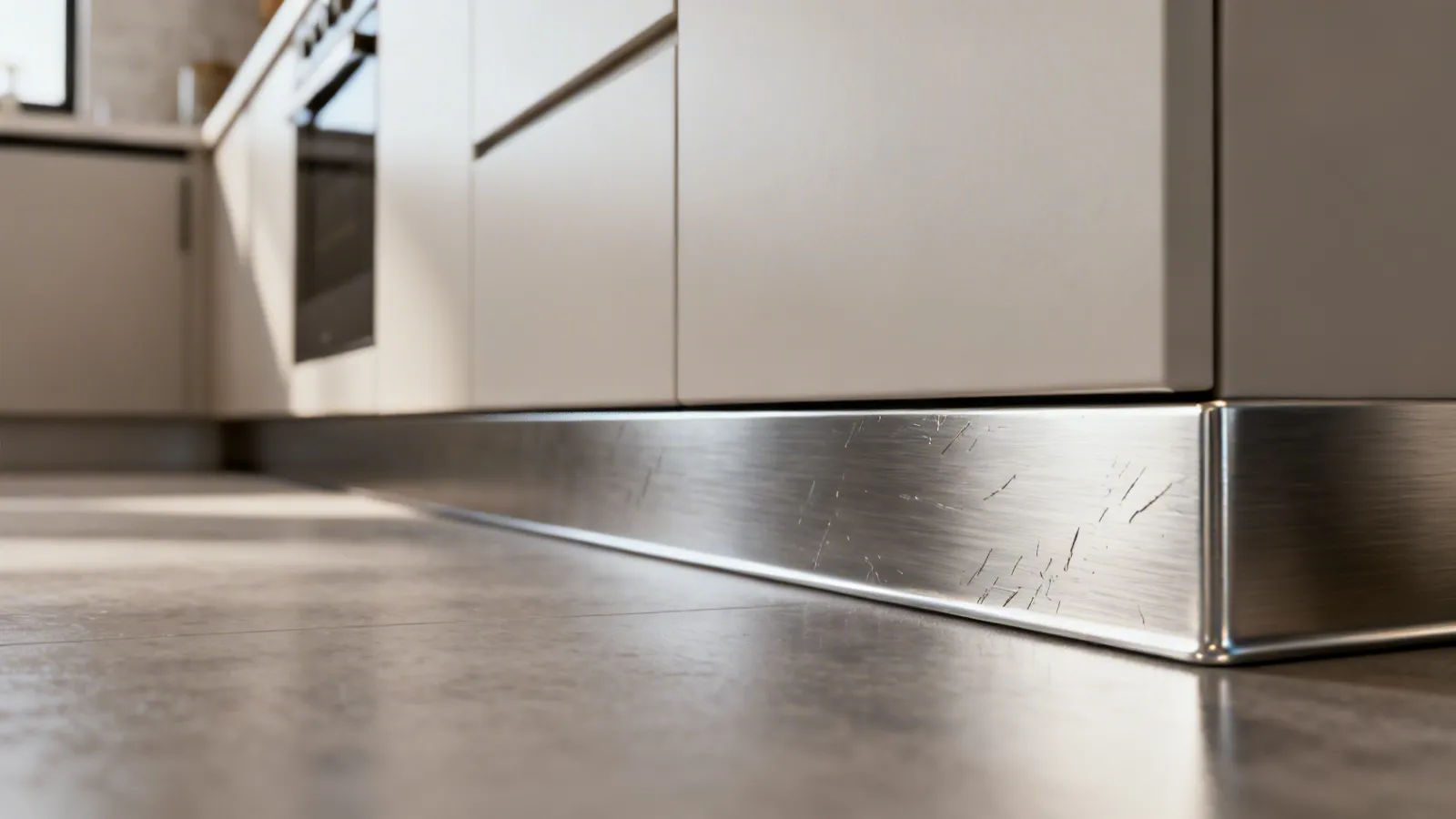 scratched stainless steel kitchen kick plate surface close up