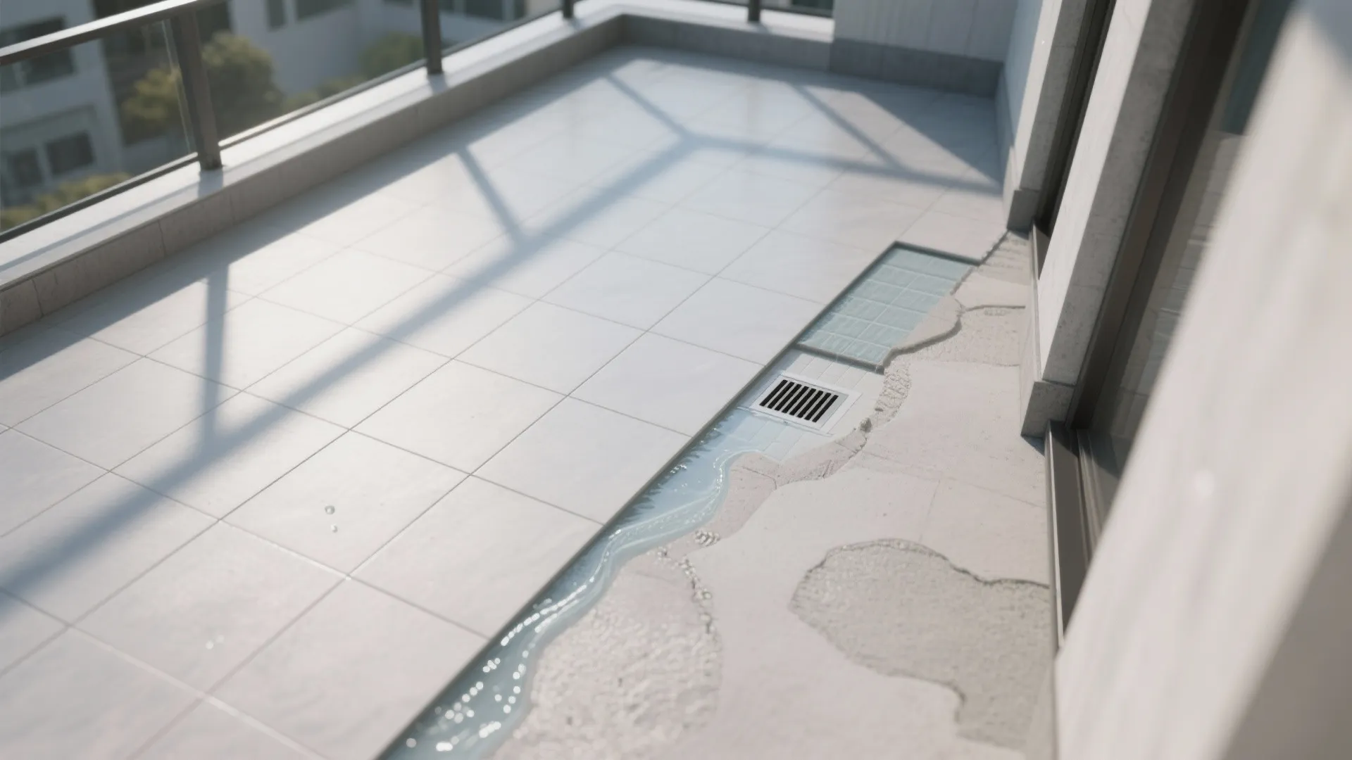 Interior design drawing of balcony floor showing water flowing into a small square floor drain