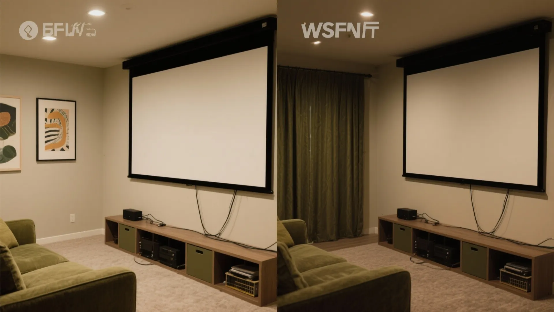 Before and after comparison showing home theater room layout with wall art and green window curtains