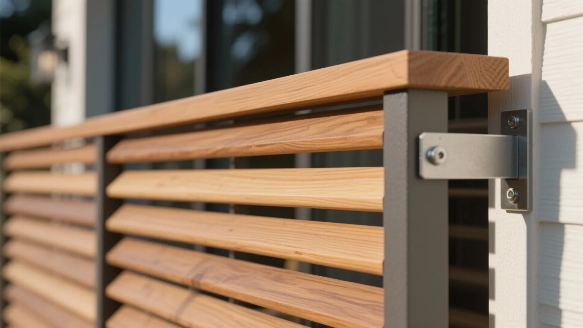 Macro of cedar slat with oiled finish and corrosion-resistant bracket on balcony screen.