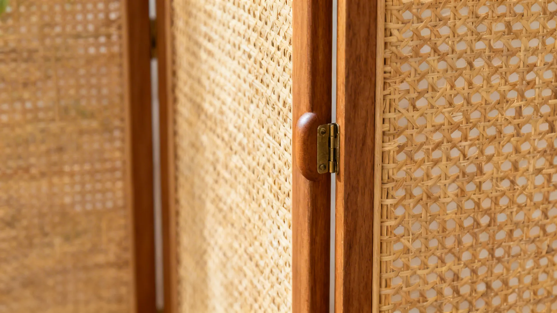 Macro of a woven cane folding screen with wood frame and hinge detail.