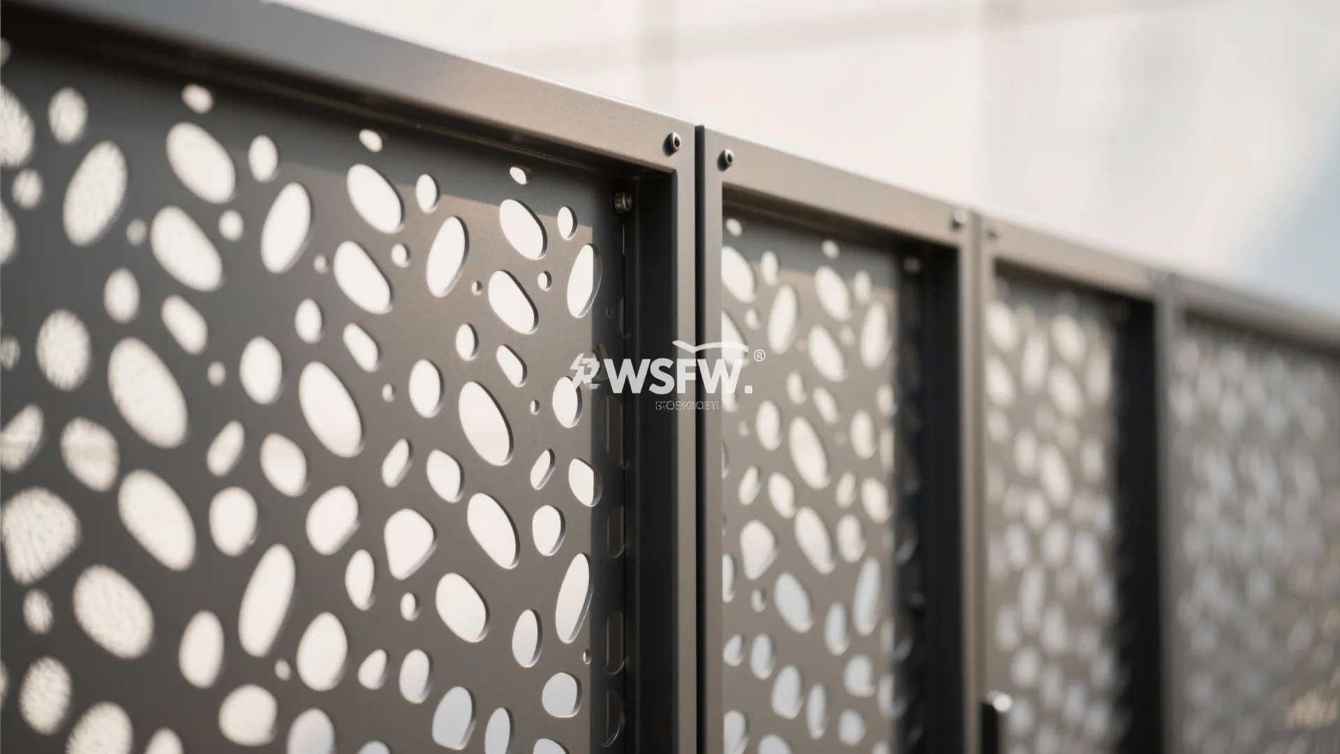 Close up of a dark grey metal screen wall featuring many small oval shaped holes