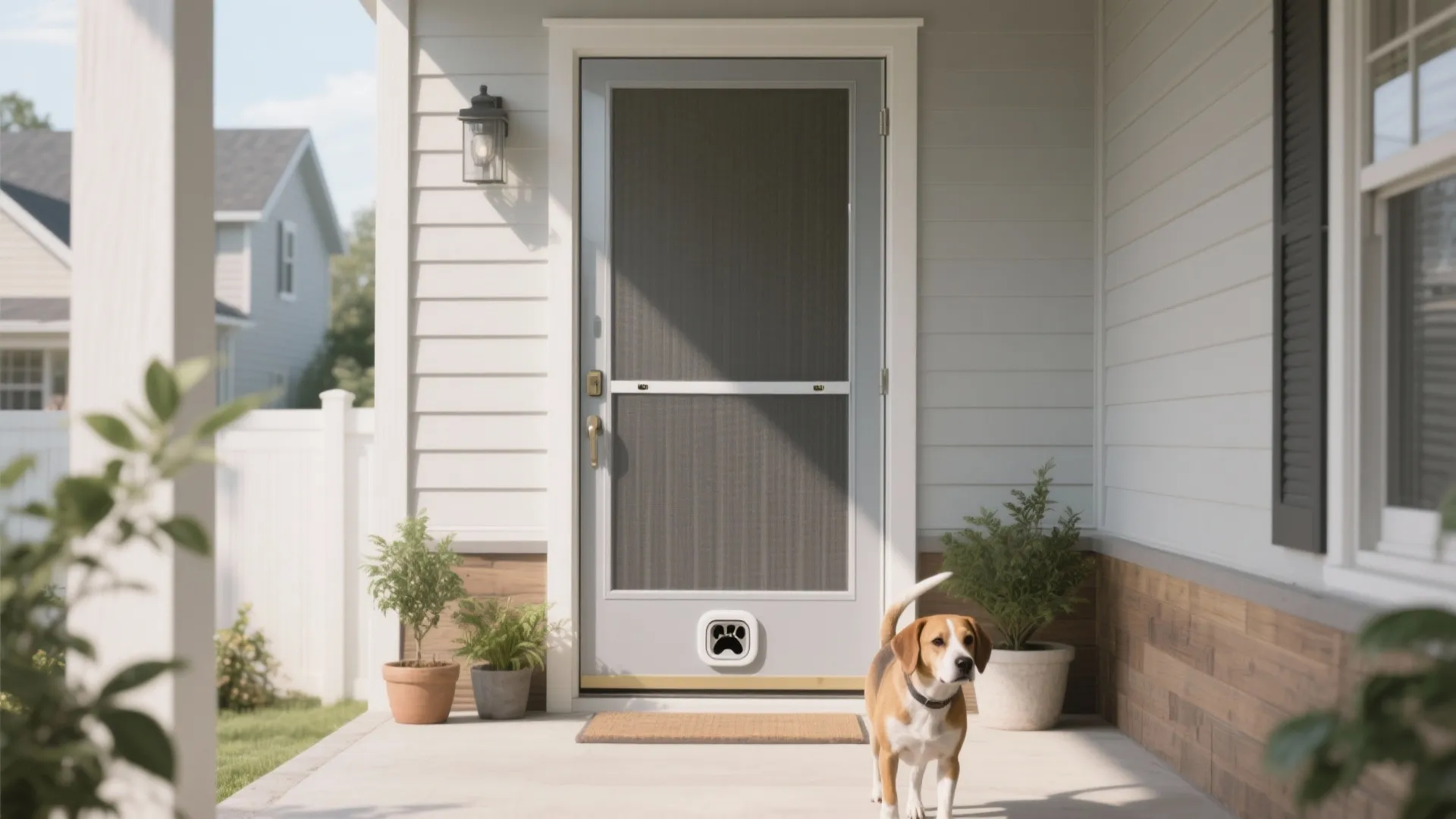 White screen door with pet opening on porch next to beagle dog and potted plants