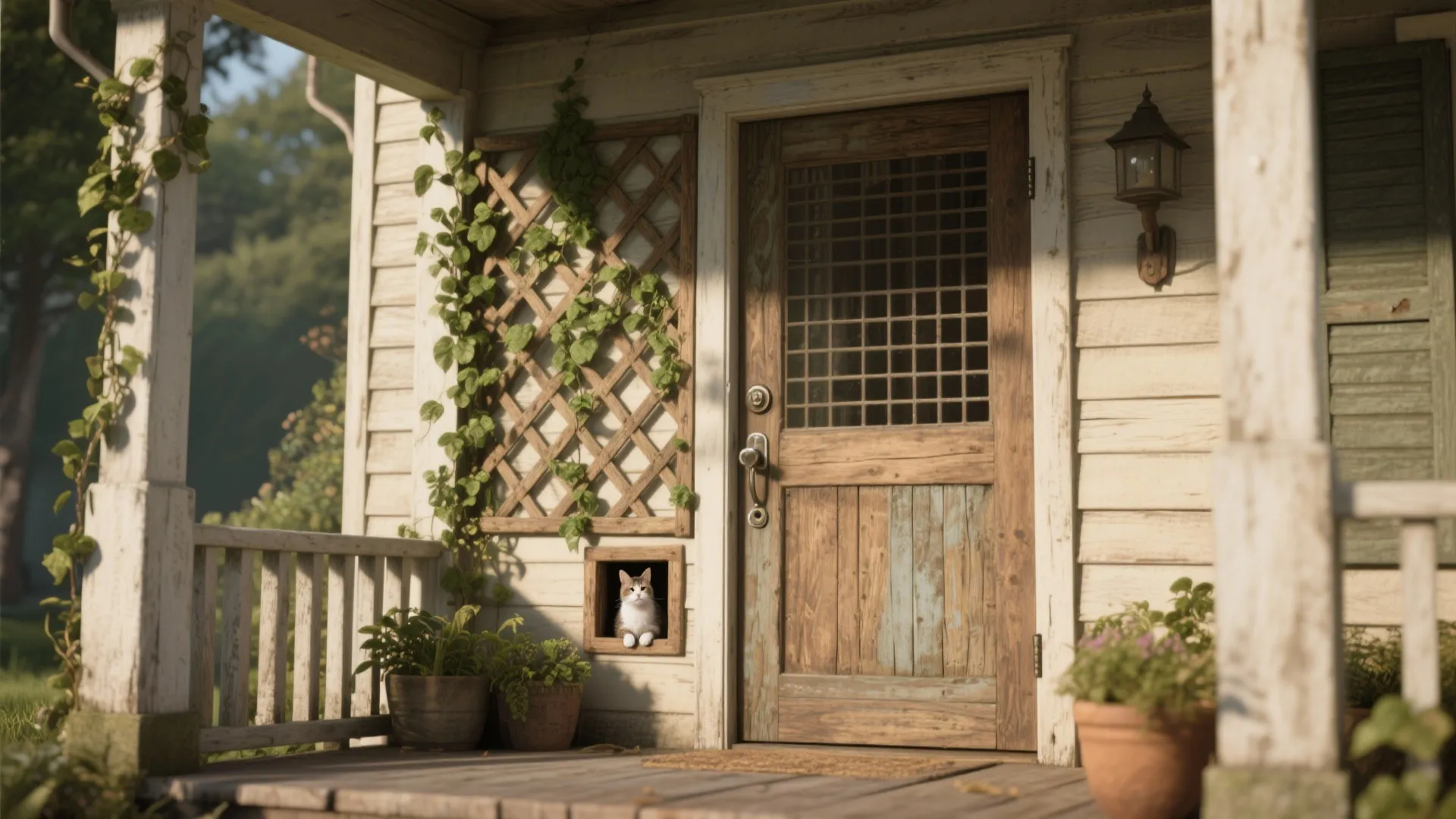 Old wooden door with wall light and green plants on a porch with pet opening