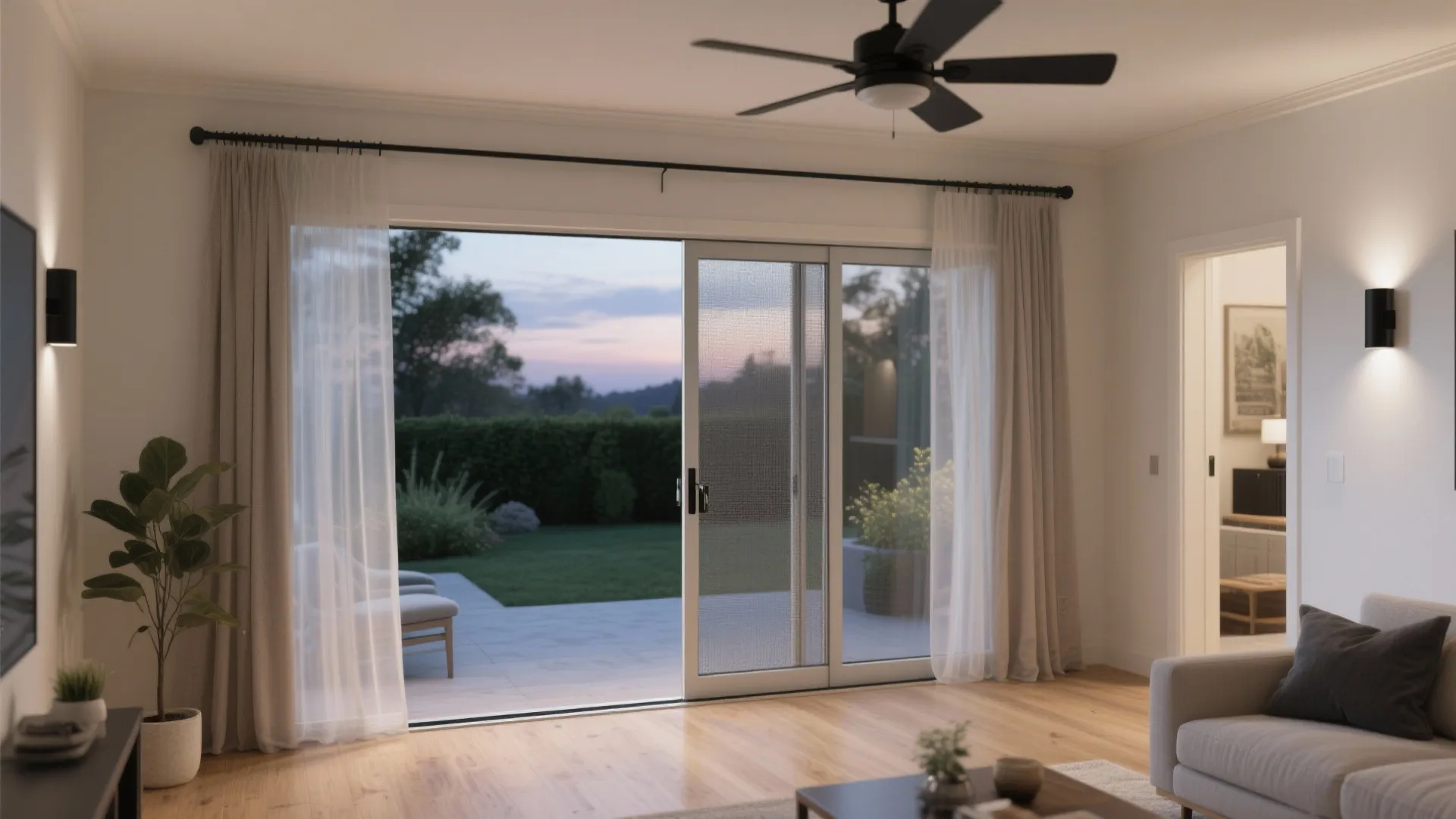 Modern living room with sliding glass door opening to a garden patio at sunset evening