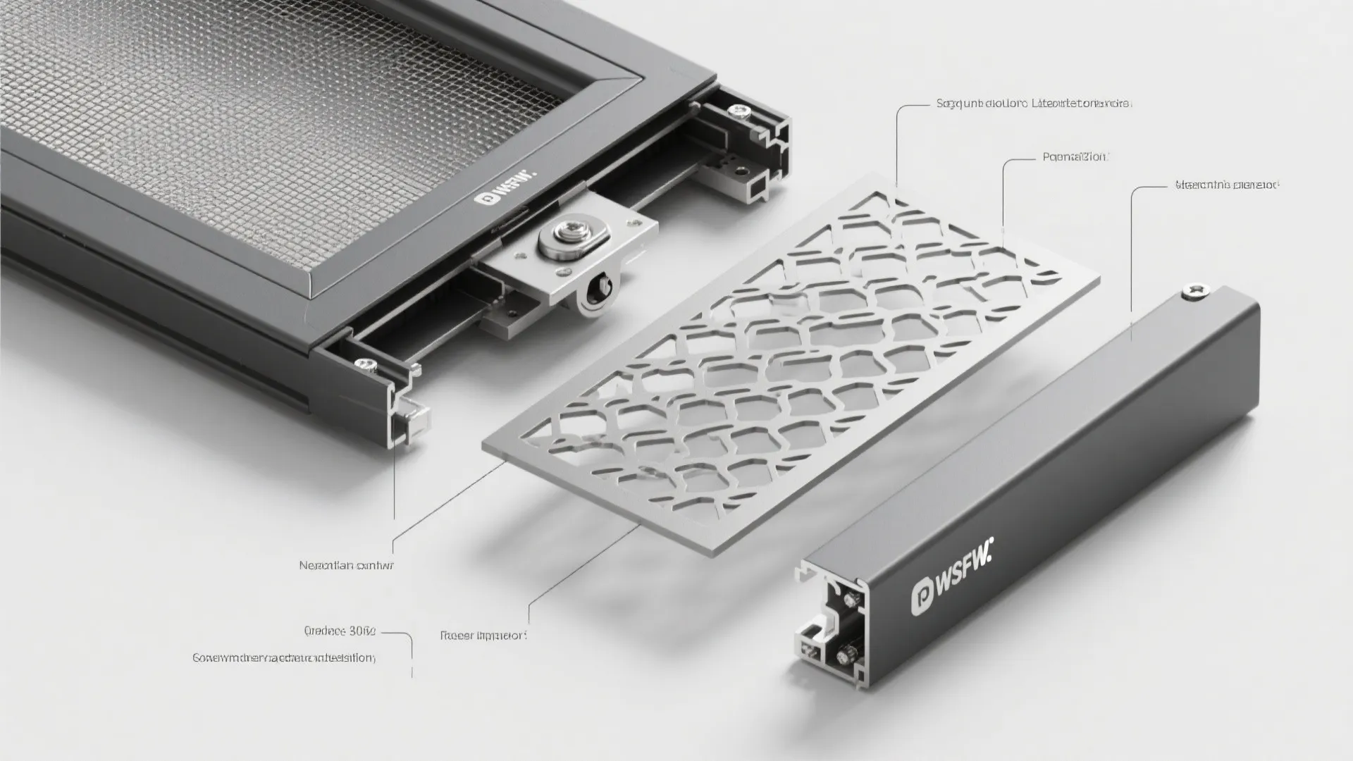 Top-down exploded view of a patterned security screen and stainless mesh assembly