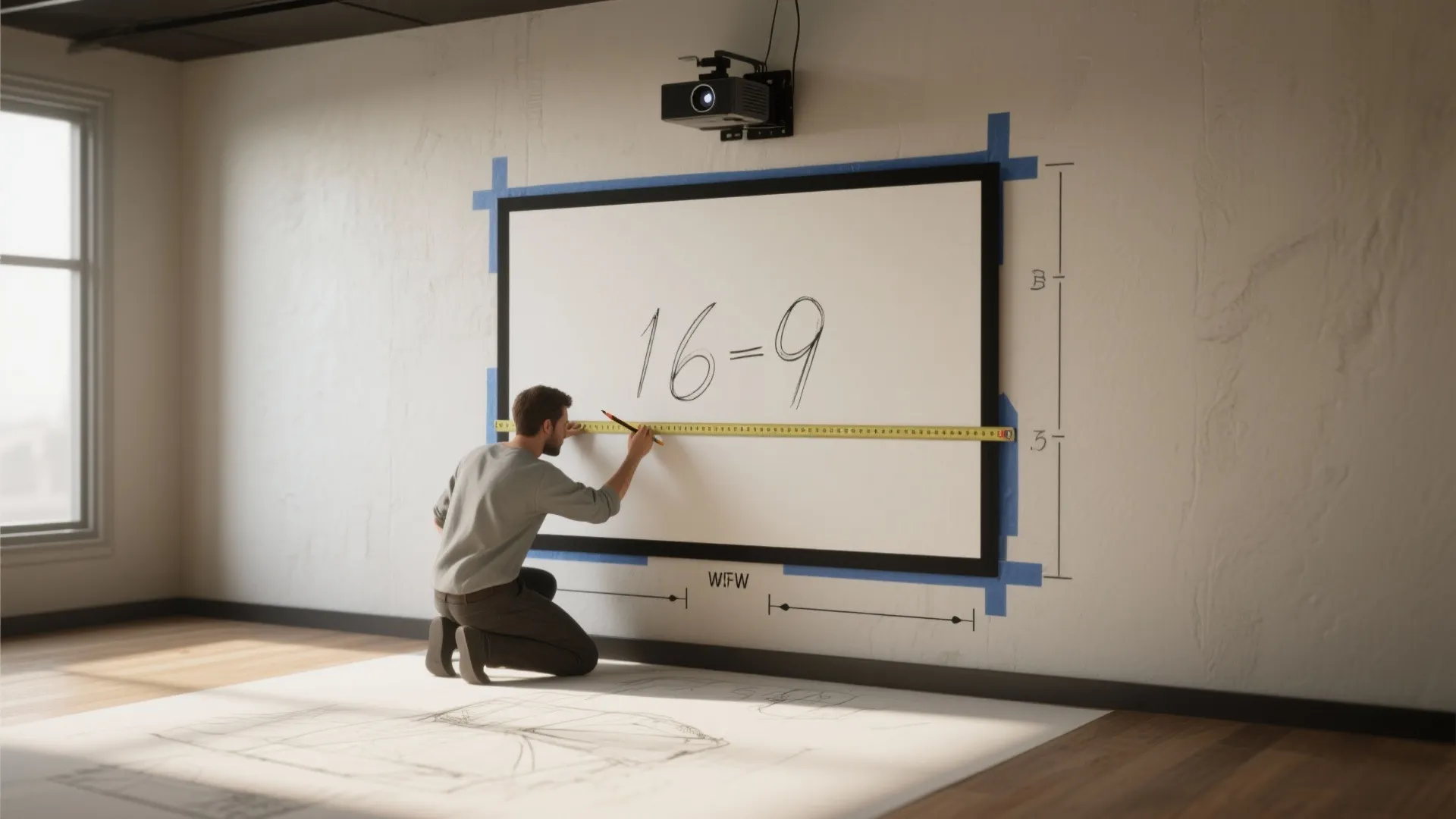 Man measuring a white projection screen on a wall using a yellow tape and blue tape