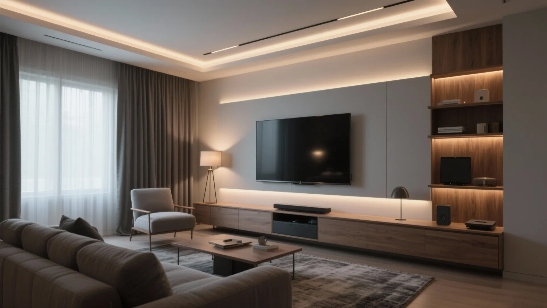 Modern living room with wall mounted television recessed ceiling lights wooden cabinets and a sofa