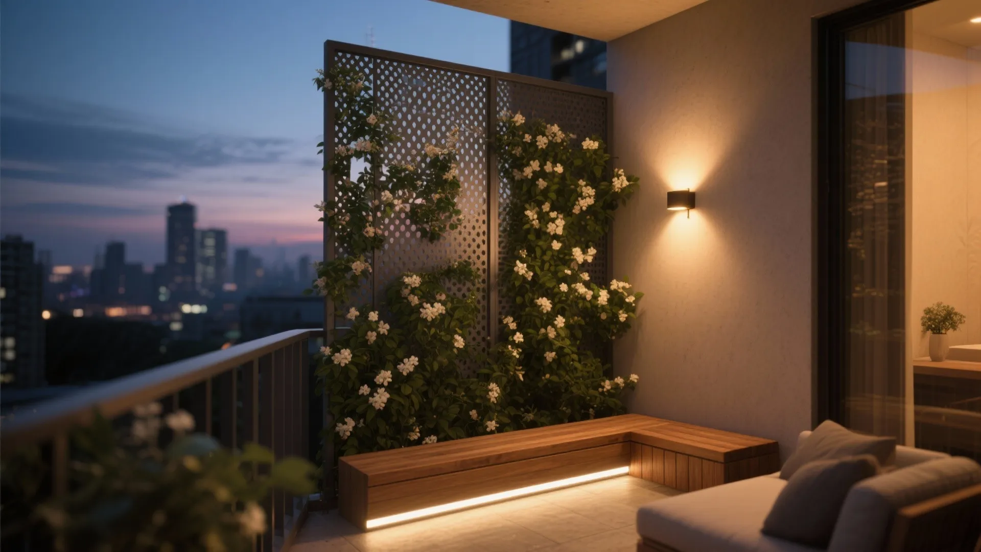 Modern balcony at night with wooden bench light fixture green plants and city view background