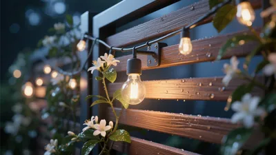 Cozy Outdoor Lighting with Wooden Slats & White Blossoms