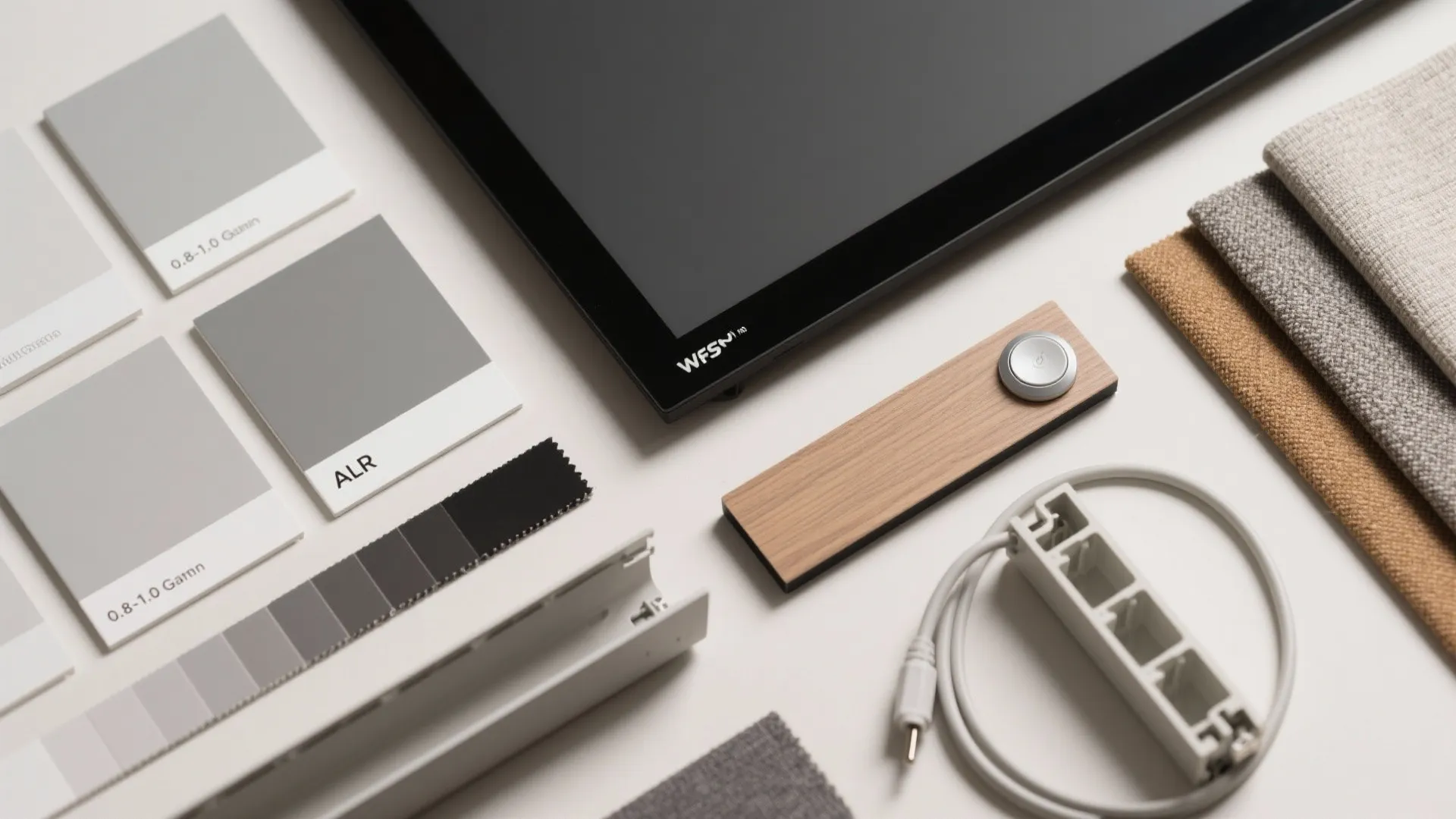 A collection of interior design samples including grey tiles fabric swatches and a black screen