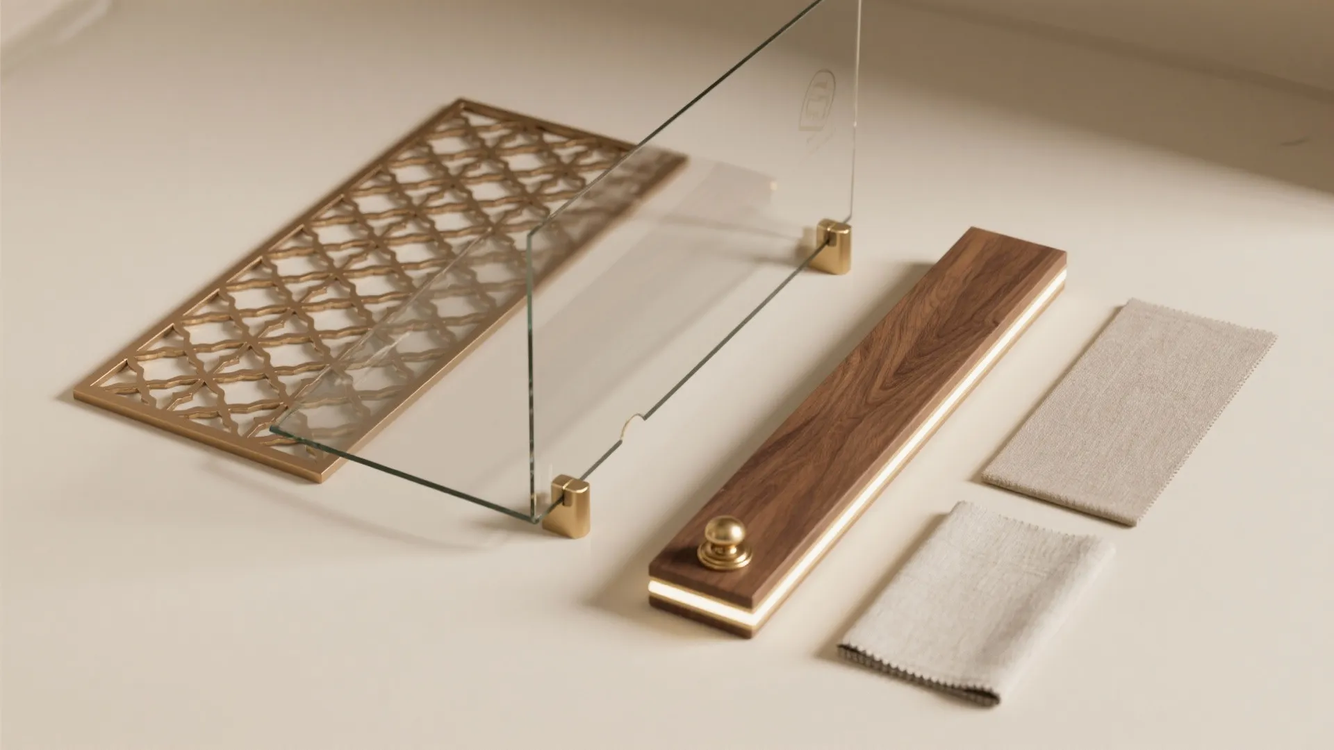 Interior design material samples including glass panel wooden block gold metal screen and fabric cloth pieces