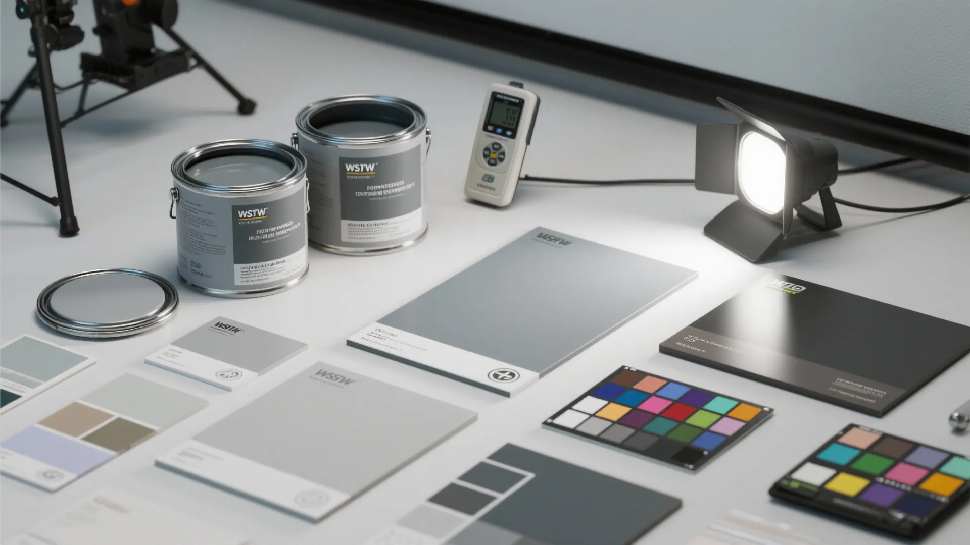 Two grey paint cans with various color swatches on a table under a bright light