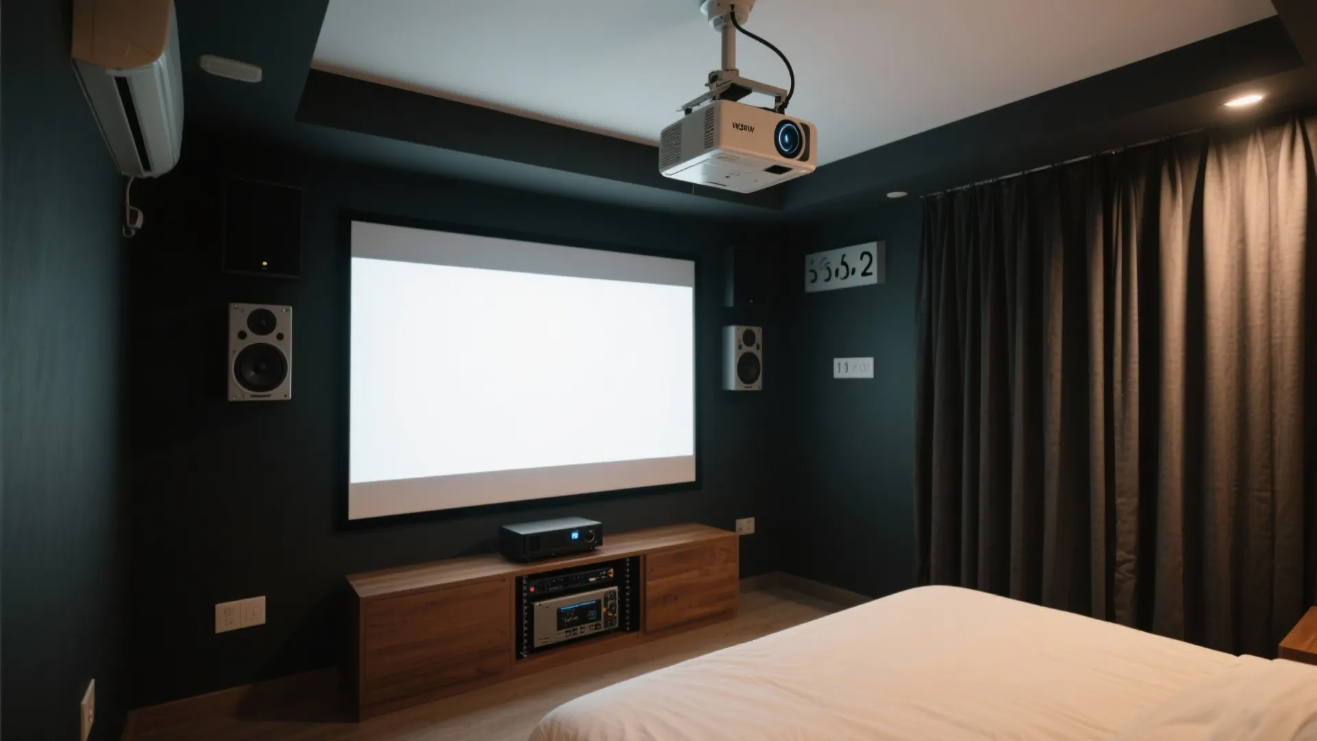 Screen, projector, and speaker placement for Indian light and power realities