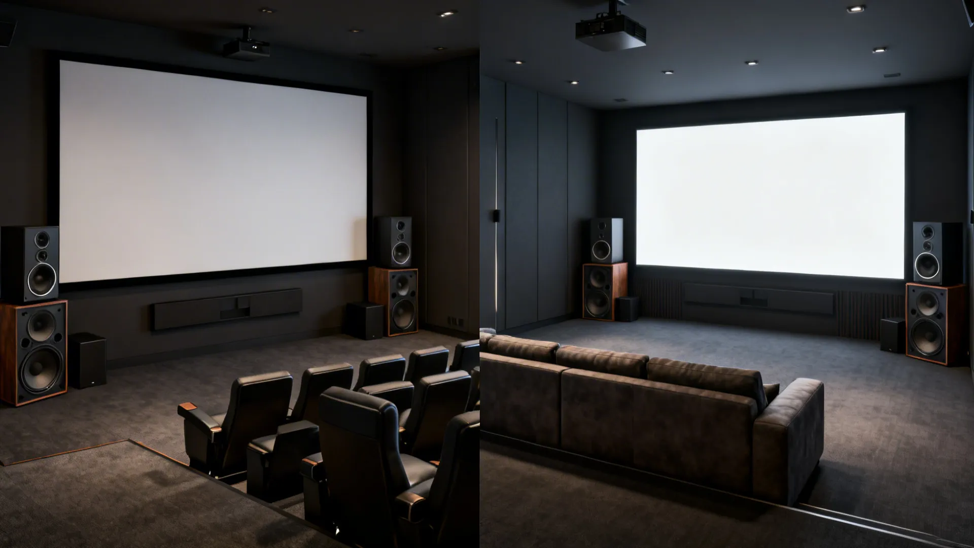 Split view showing a cramped layout versus an optimized screen and speaker setup in a 12x10 room.