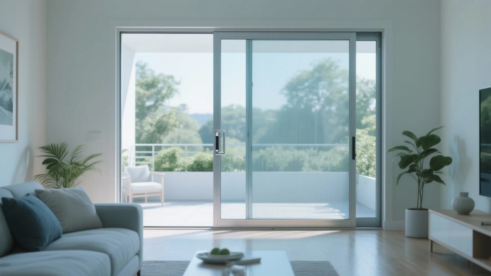Modern living room with light wood floors and glass doors opening to a bright balcony