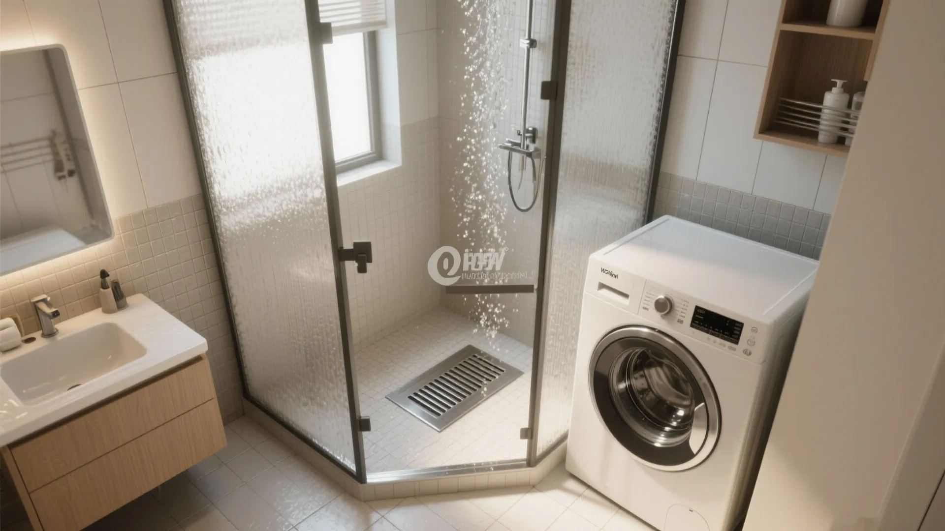 Modern bathroom featuring glass shower cabin with washing machine placed beside vanity unit and white sink