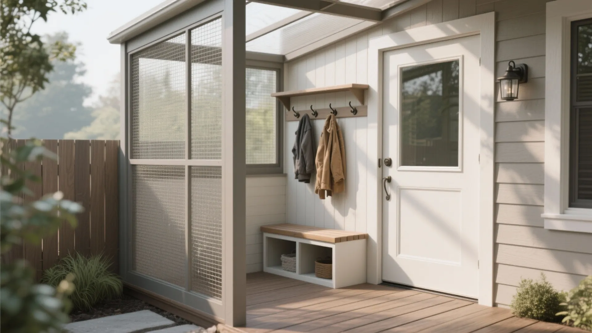Screened porch area with white door small bench wall hooks and glass roof in sunlight