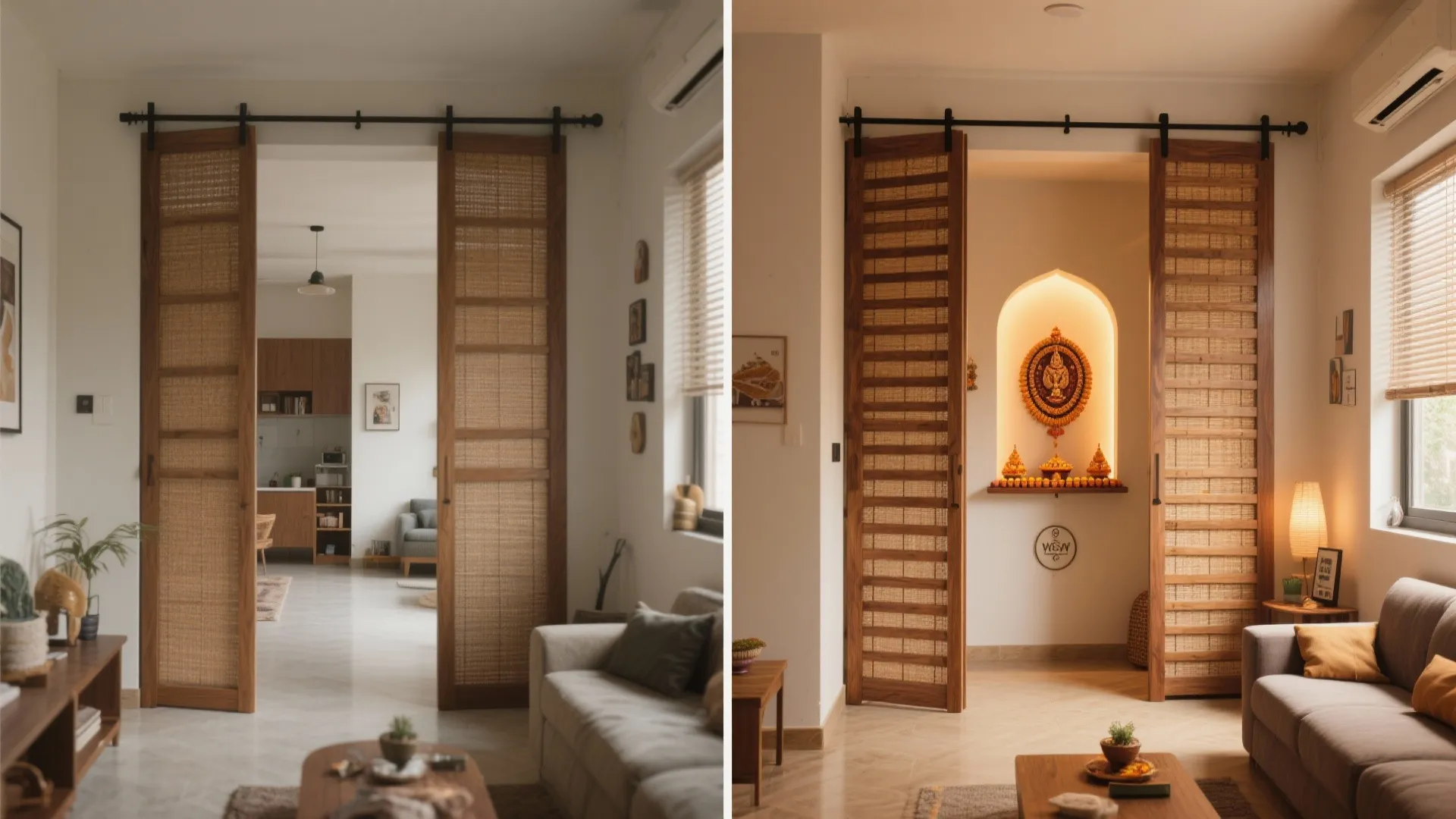 Before-and-after showing a studio corner transformed with sliding screens and a warm pooja niche.