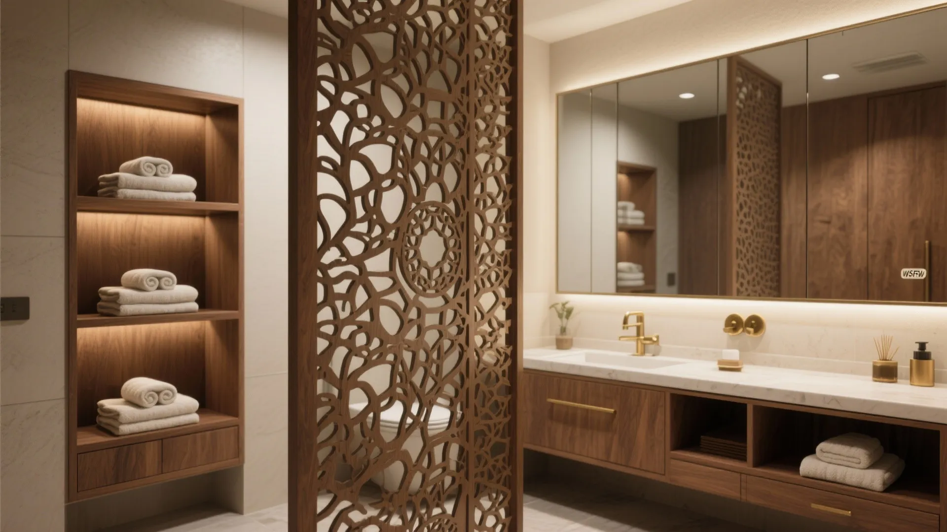 Modern bathroom with wood wall panels decorative screen marble counter gold tap and white folded towels