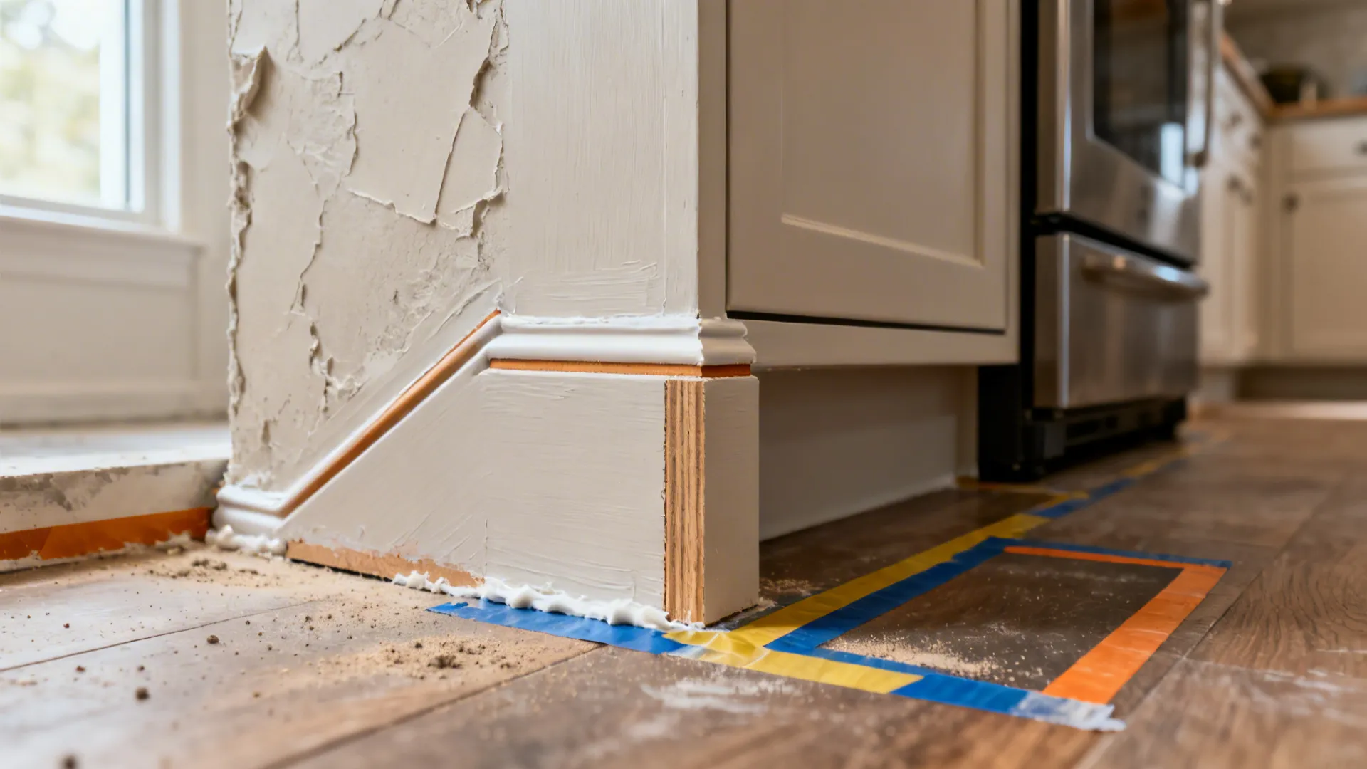 Macro of a cabinet scribe detail showing a clean fit against an uneven wall.