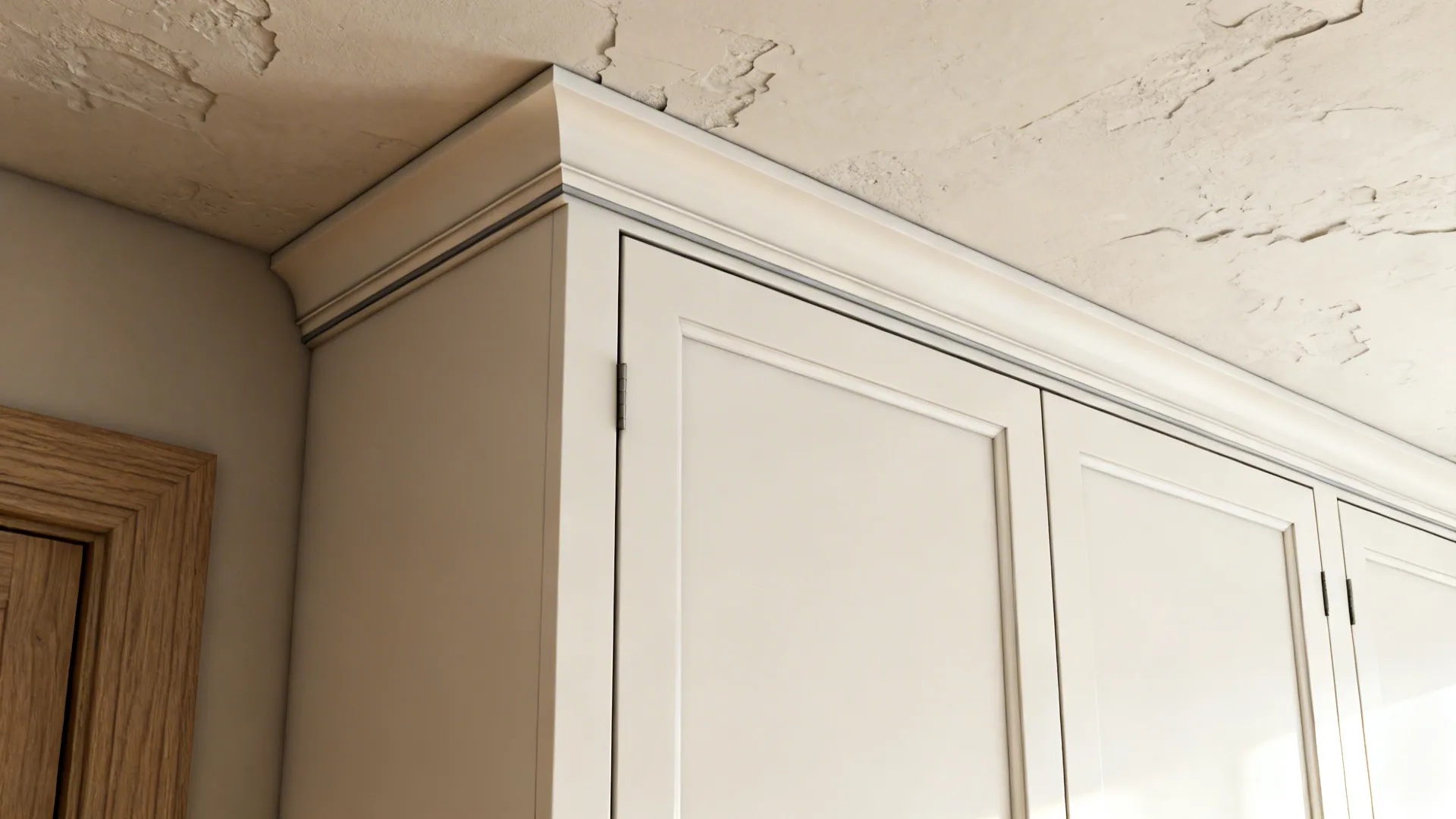 Macro view of a cabinet filler neatly scribed to a ceiling above a matte full-overlay door.