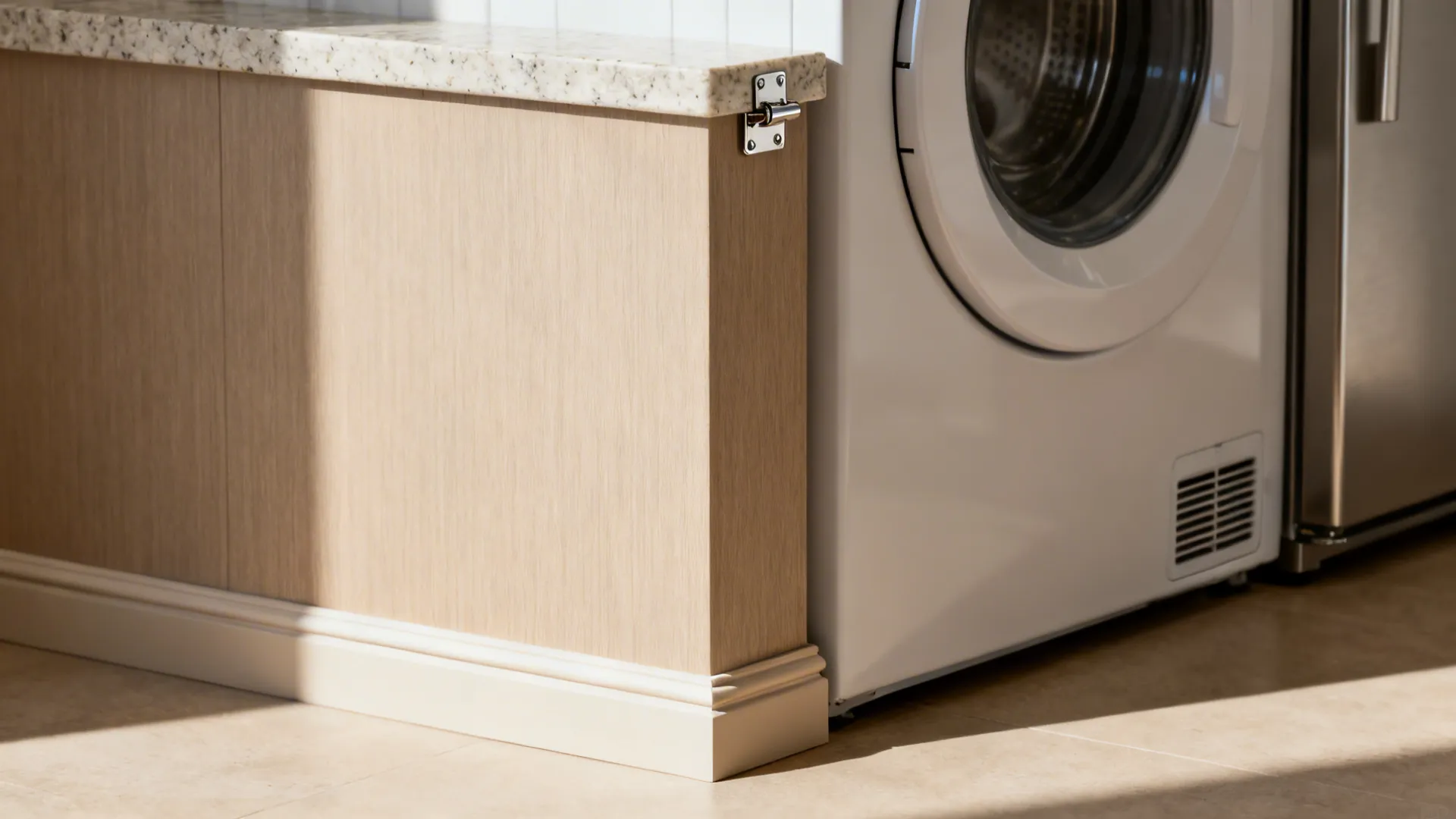Macro of quartz edge, laminate scribe, and ventilation reveal near the fridge in a utility column.