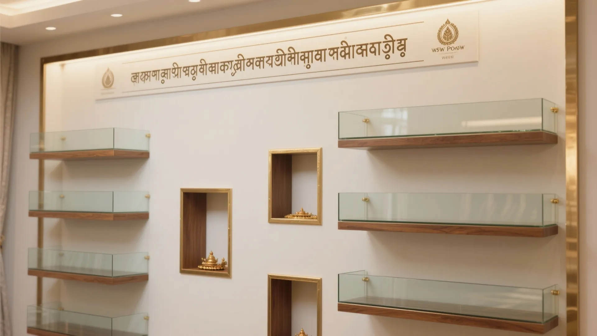 Pooja glass panel with a slim etched devanagari text band and aligned niche rectangles.