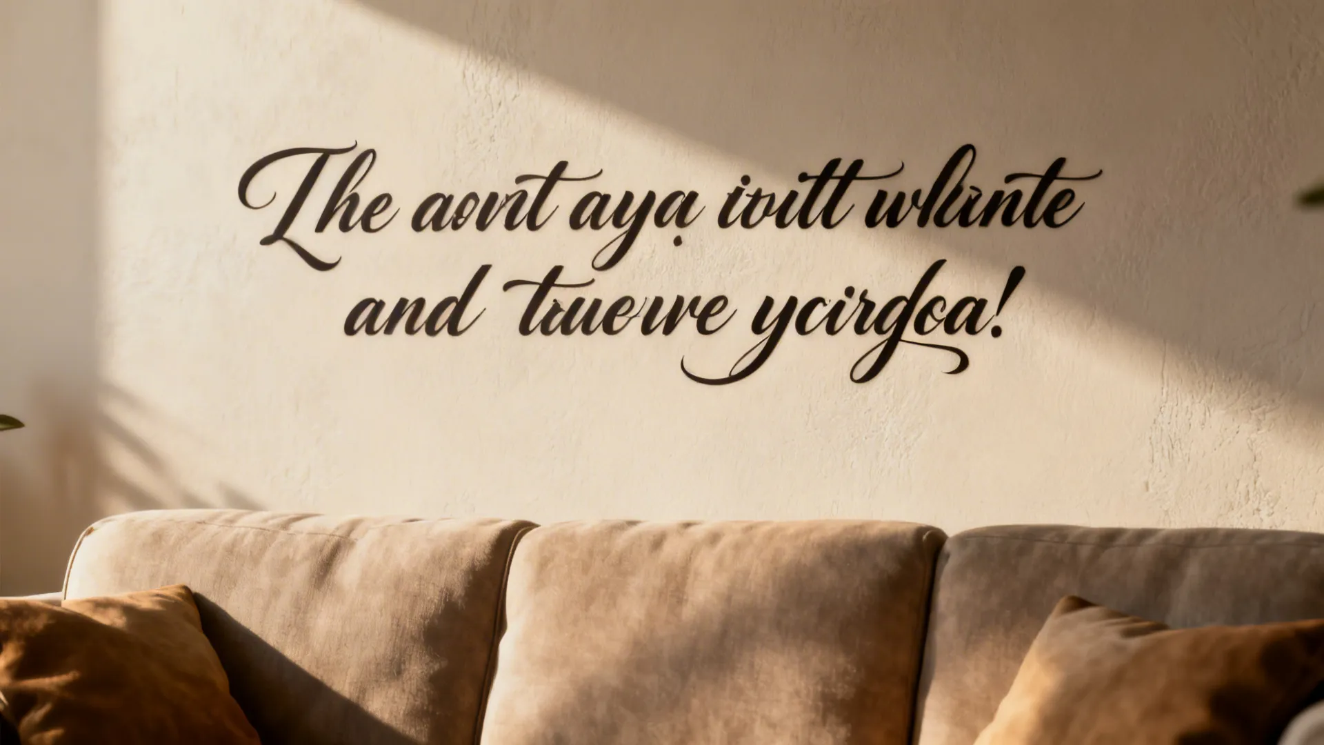 Close-up of a script decal quote above a couch showing vinyl texture and legibility