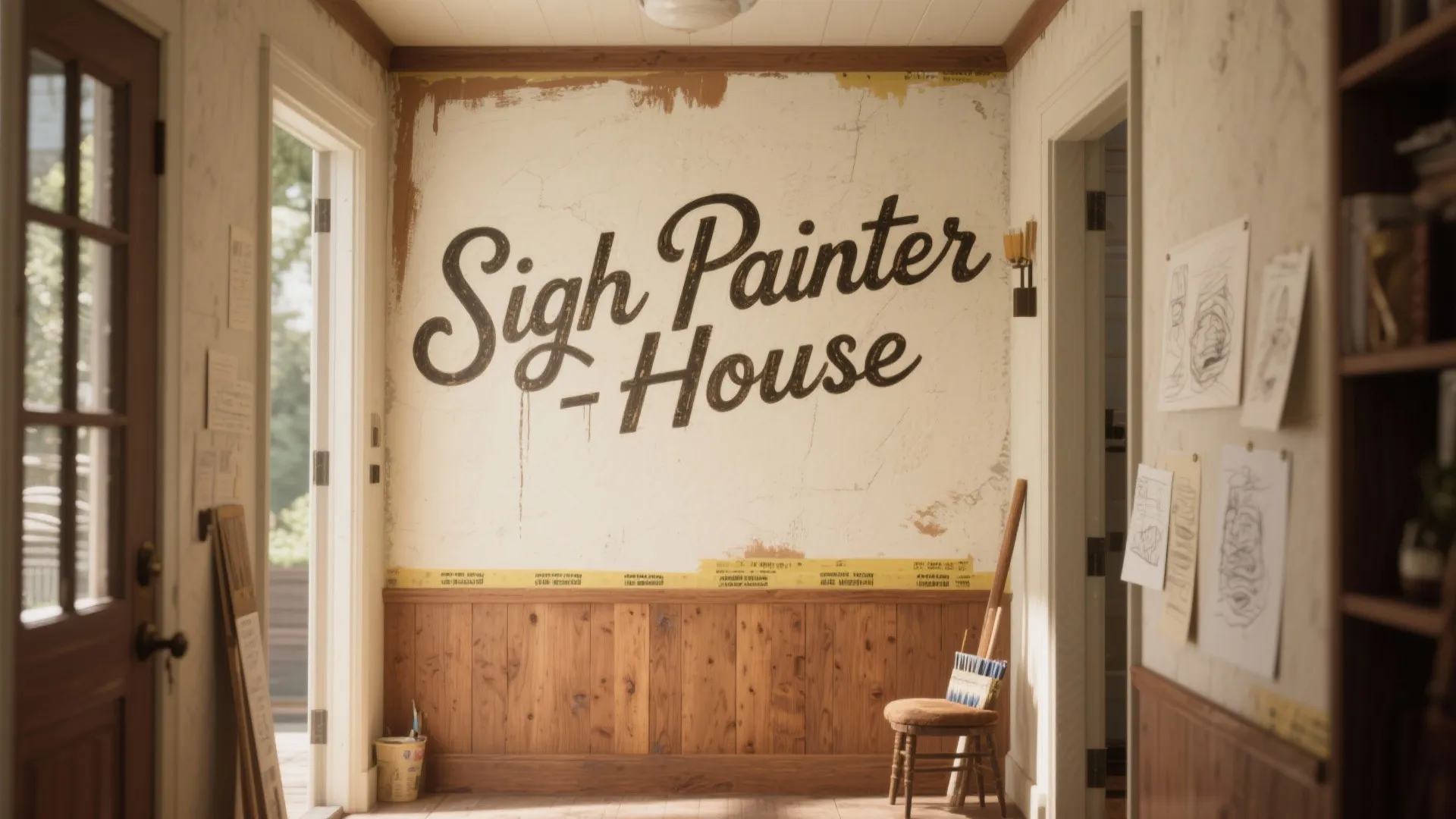 Interior entryway with large wall text, wood wall panel, small chair, and sketches on the wall