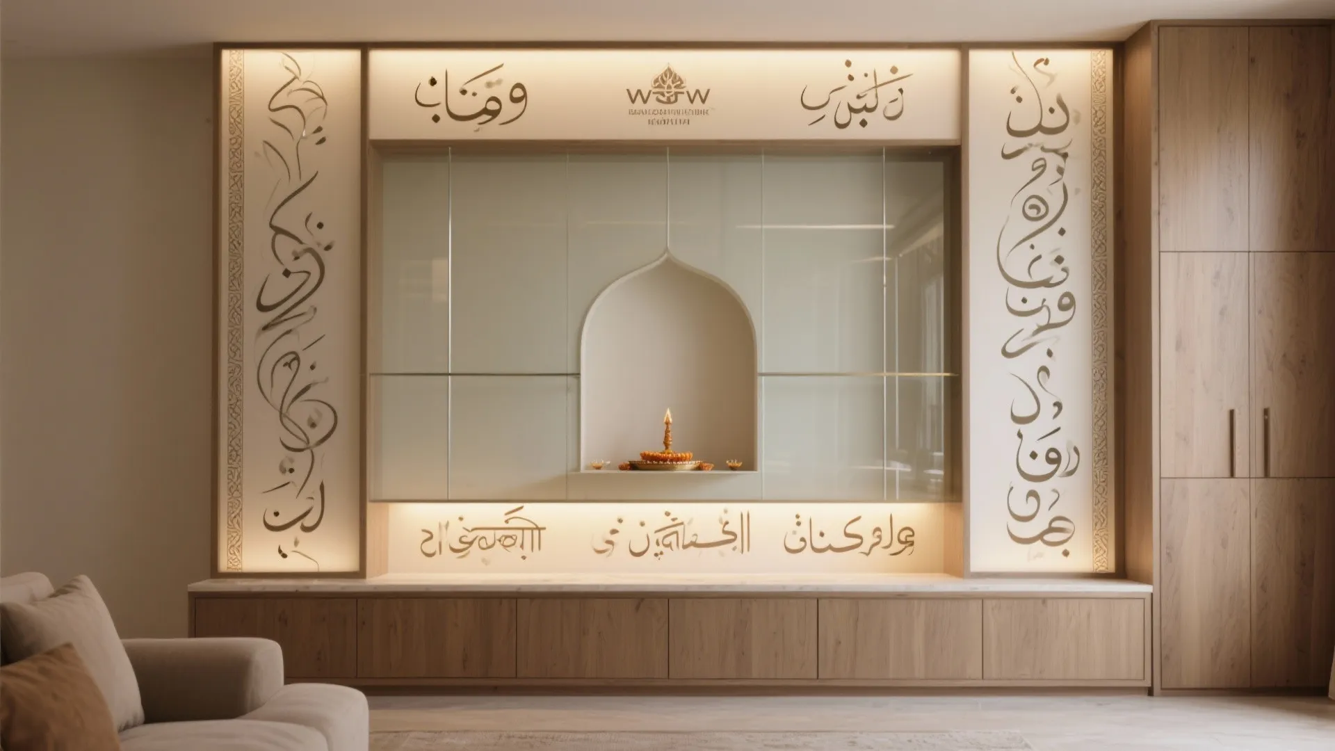 Pooja niche with etched glass featuring slender filigree bands framing a clear center in a living wall unit.