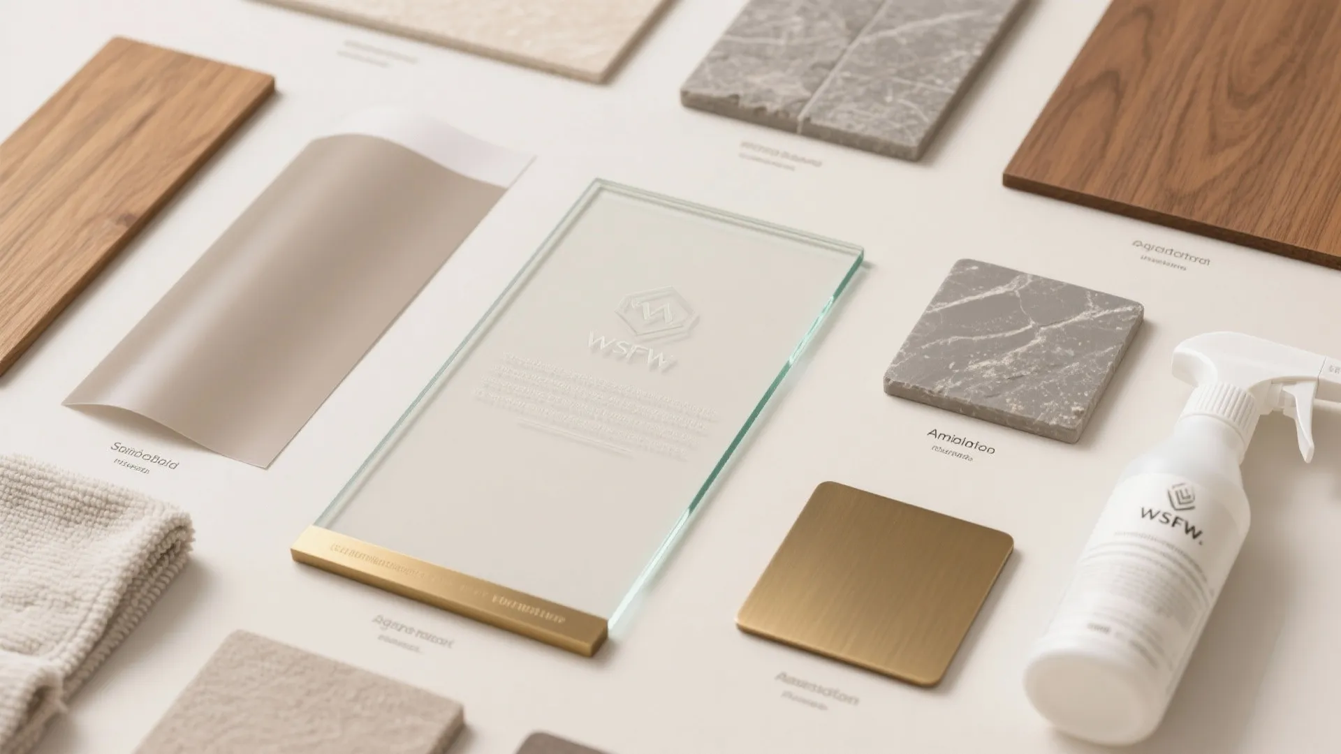 Top-down material flatlay with etched glass band sample, vinyl film, oak veneer, stone, brass, and cleaning tools.