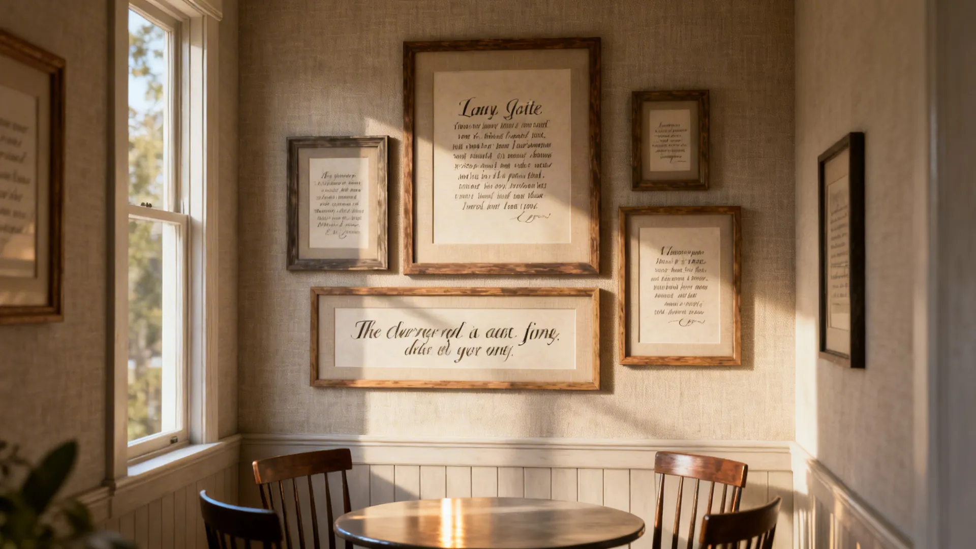 Scripture gallery wall above a small dining table with mixed frames and warm daylight