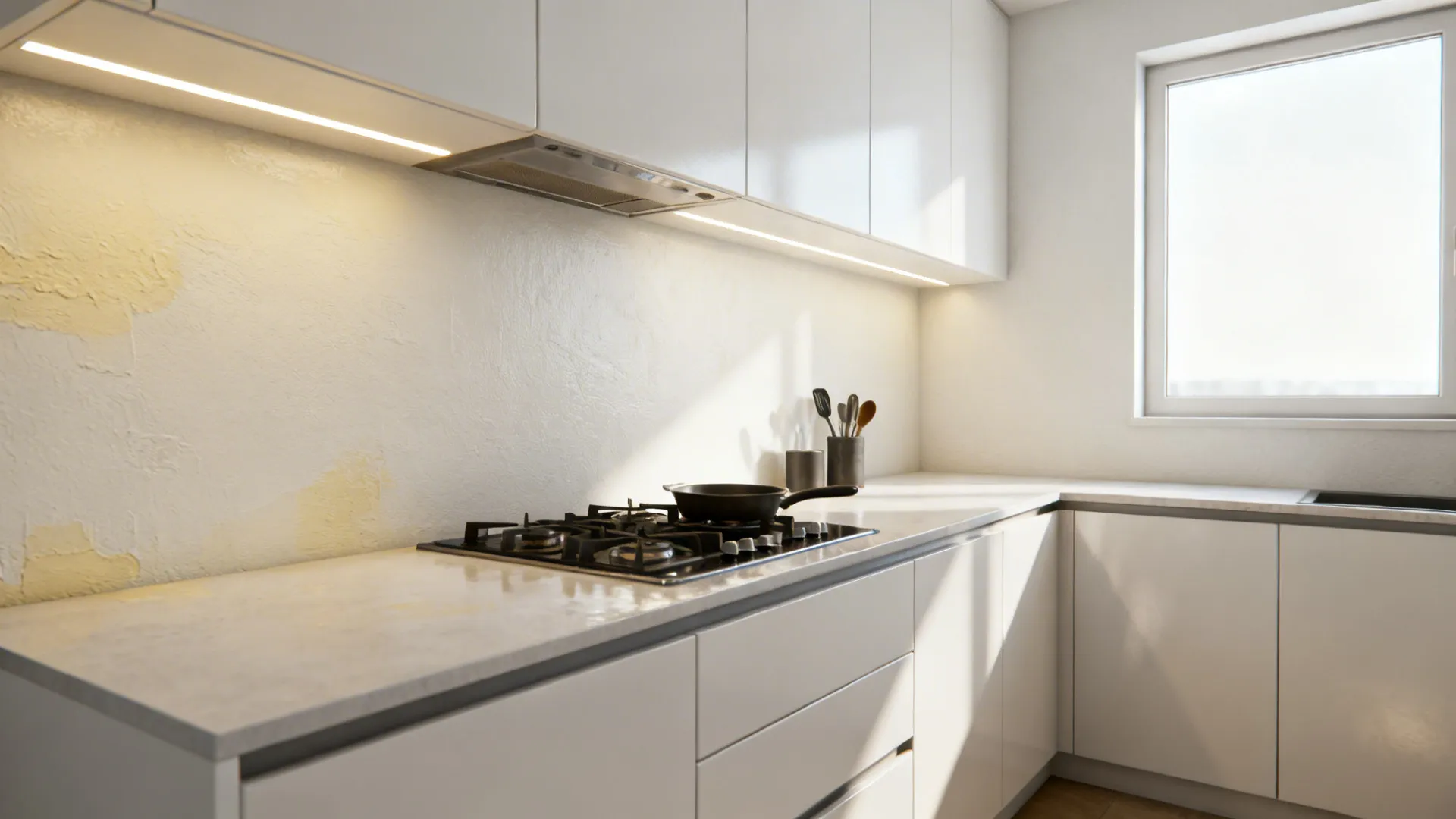 Modern white kitchen with clean cabinets gas stove and bright natural light from a window
