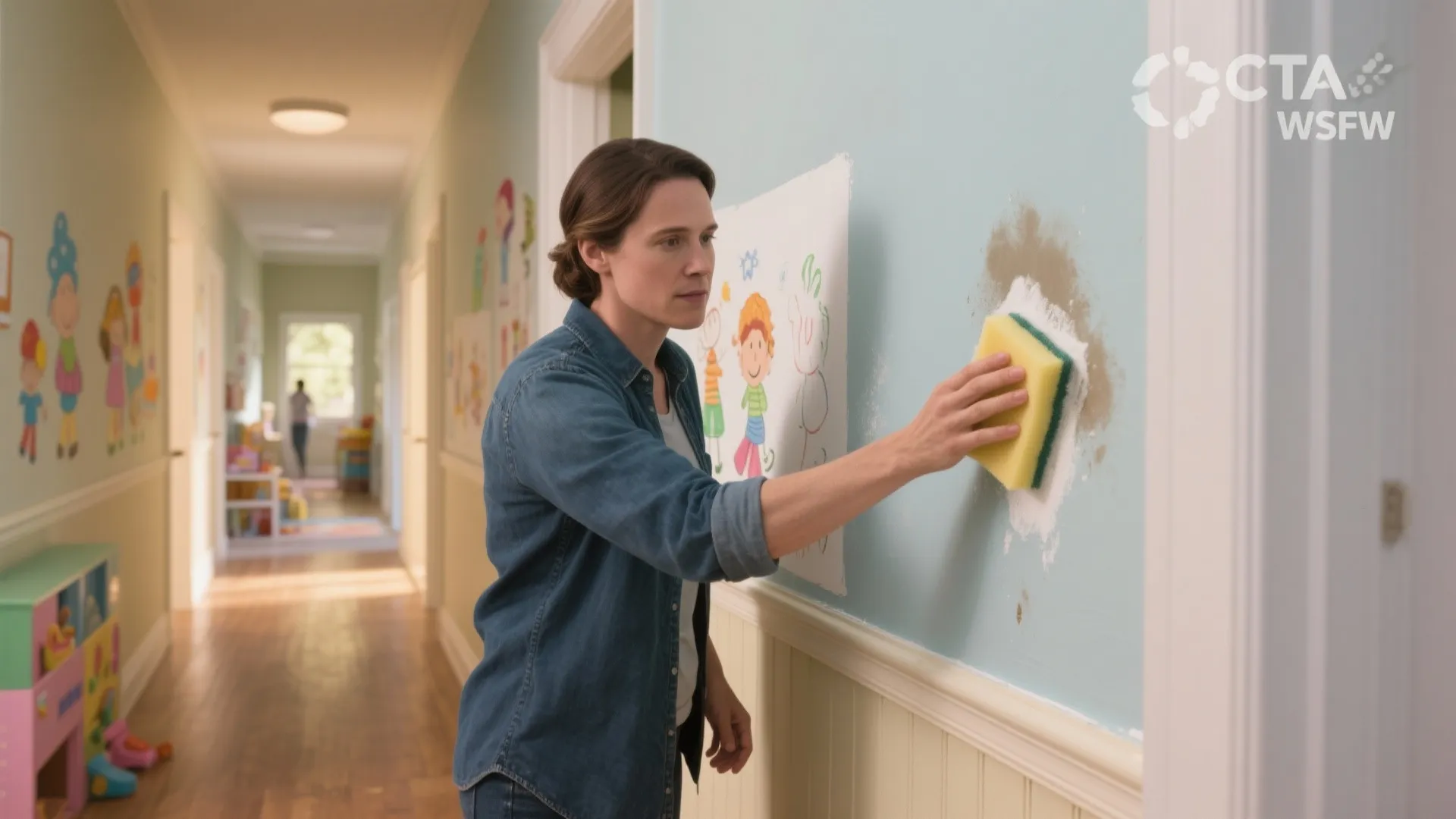 Woman in denim shirt cleaning blue wall with yellow sponge in hallway with children's drawings