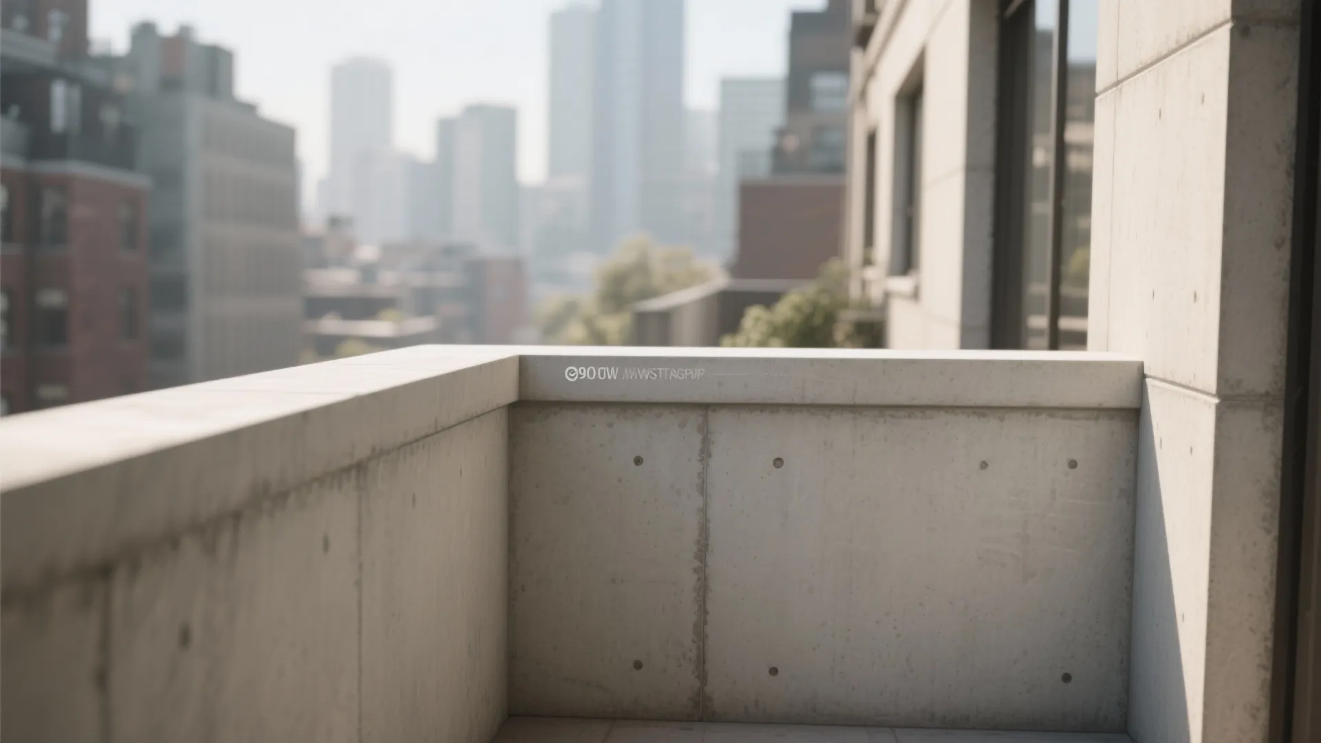 Empty concrete balcony with a tall wall panel and a blurry city building background view