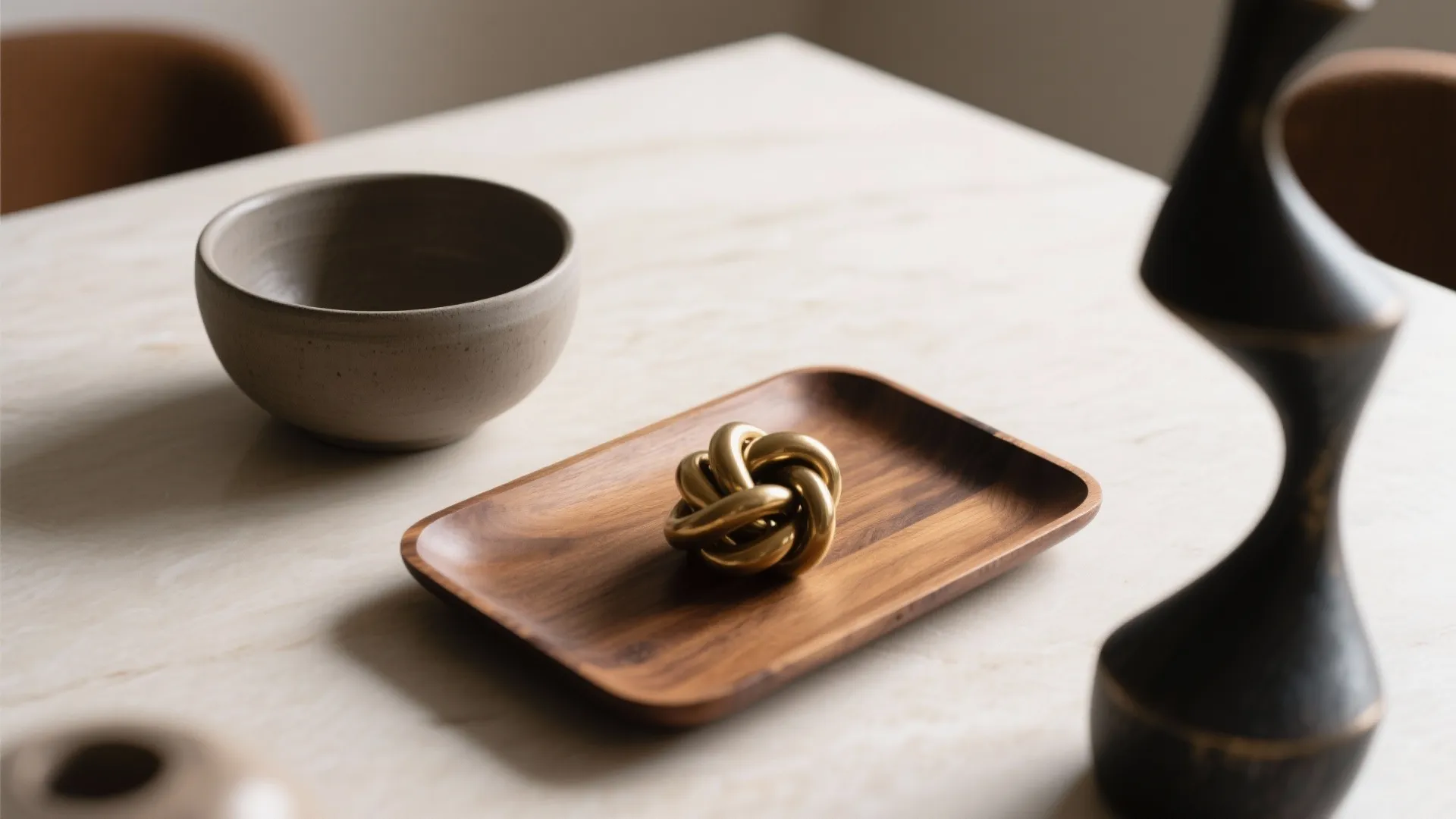 Gold knot decoration on wooden tray with grey ceramic bowl and abstract sculpture on table