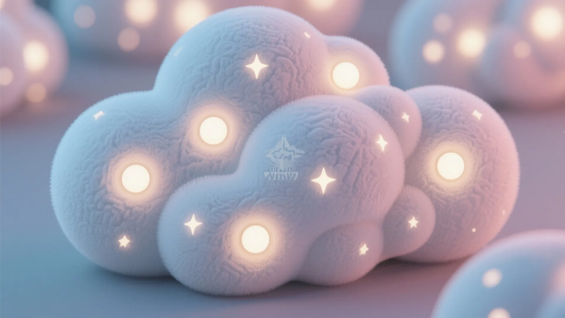Fluffy white cloud shaped soft light fixture with glowing round bulbs and small star shapes